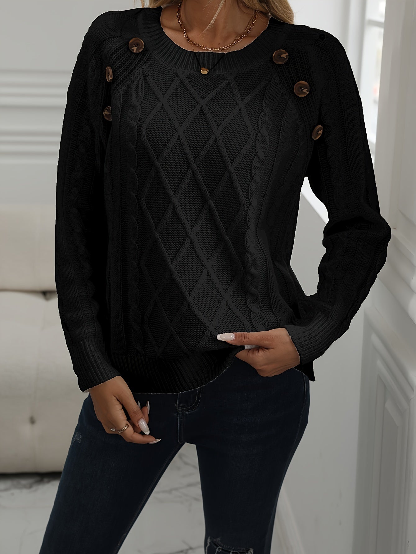 Solid Cable Knit Sweater, Casual Crew Neck Long Sleeve Sweater, Women's Clothing