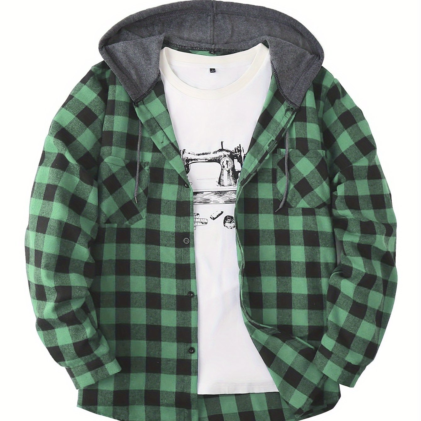 Men's Plaid Hooded Shirt Coat, Long Sleeve, Button Up, Casual Fit - veyora