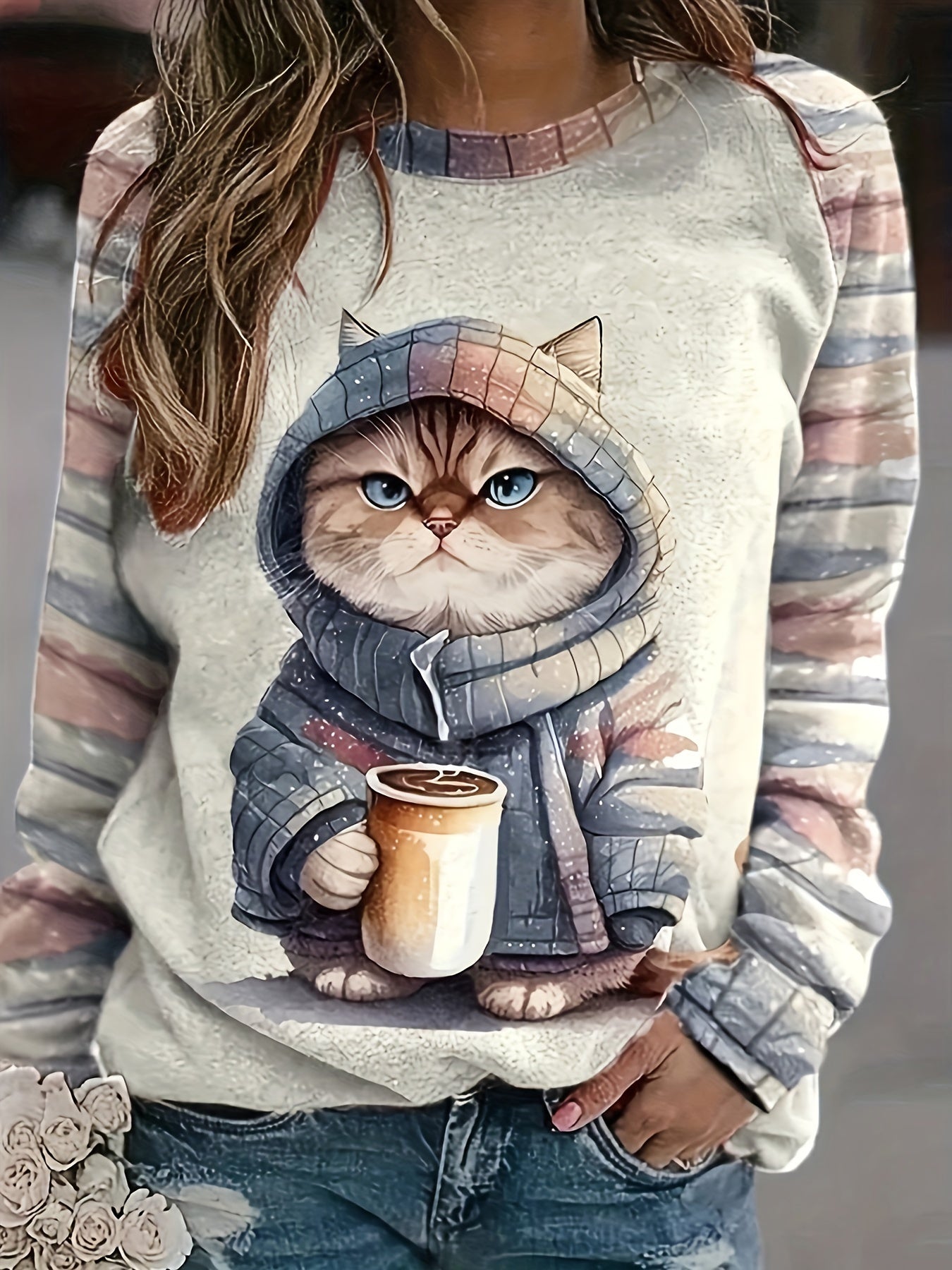 Kitten Print Crew Neck Sweatshirt, Casual Long Sleeve Drop Shoulder Sweatshirt, Women's Clothing - veyora