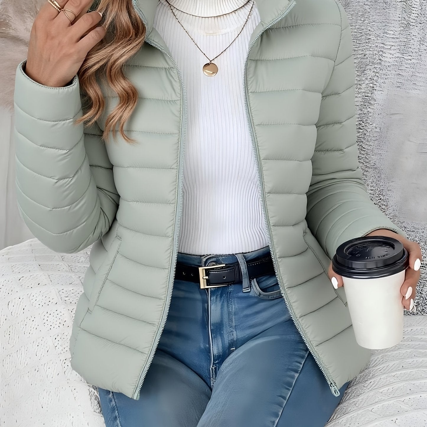 Women's Spring Slim - Fit Lightweight Warm Solid Color Jacket - Elegant Fashion Versatile Beautiful Coat - Stand Collar Zipper Long Sleeve - Casual Padded Polyester Short Coat - Winter Clothing - veyora