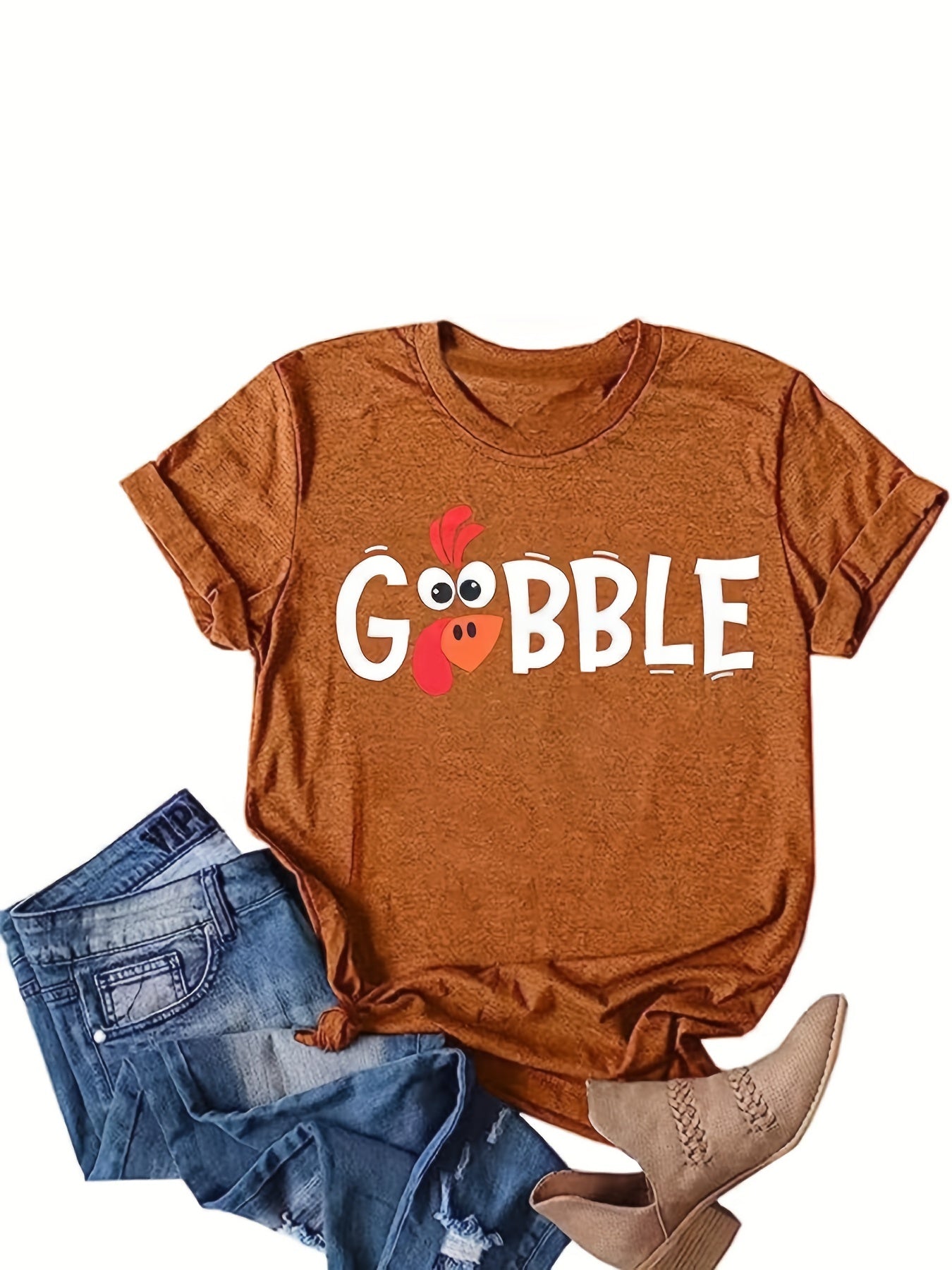 Turkey Graphic Print T-shirt, Casual Short Sleeve Crew Neck T-shirt For Spring & Summer, Women's Clothing - veyora