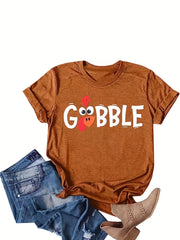 Turkey Graphic Print T-shirt, Casual Short Sleeve Crew Neck T-shirt For Spring & Summer, Women's Clothing - veyora