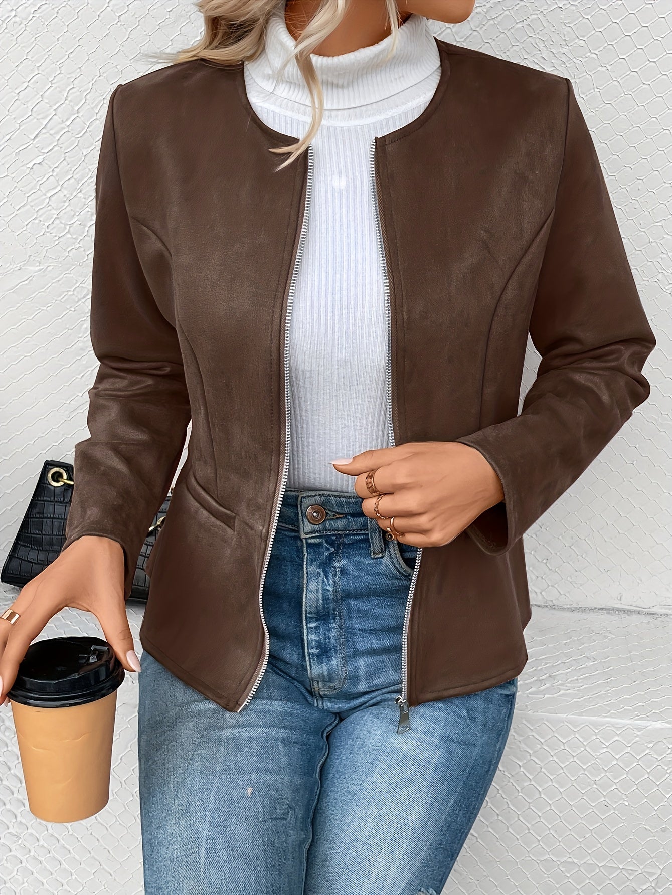 Ladies Fashion Round Neck Slim Top Long Sleeve Access Control Zipper Cardigan Cropped Jacket - veyora