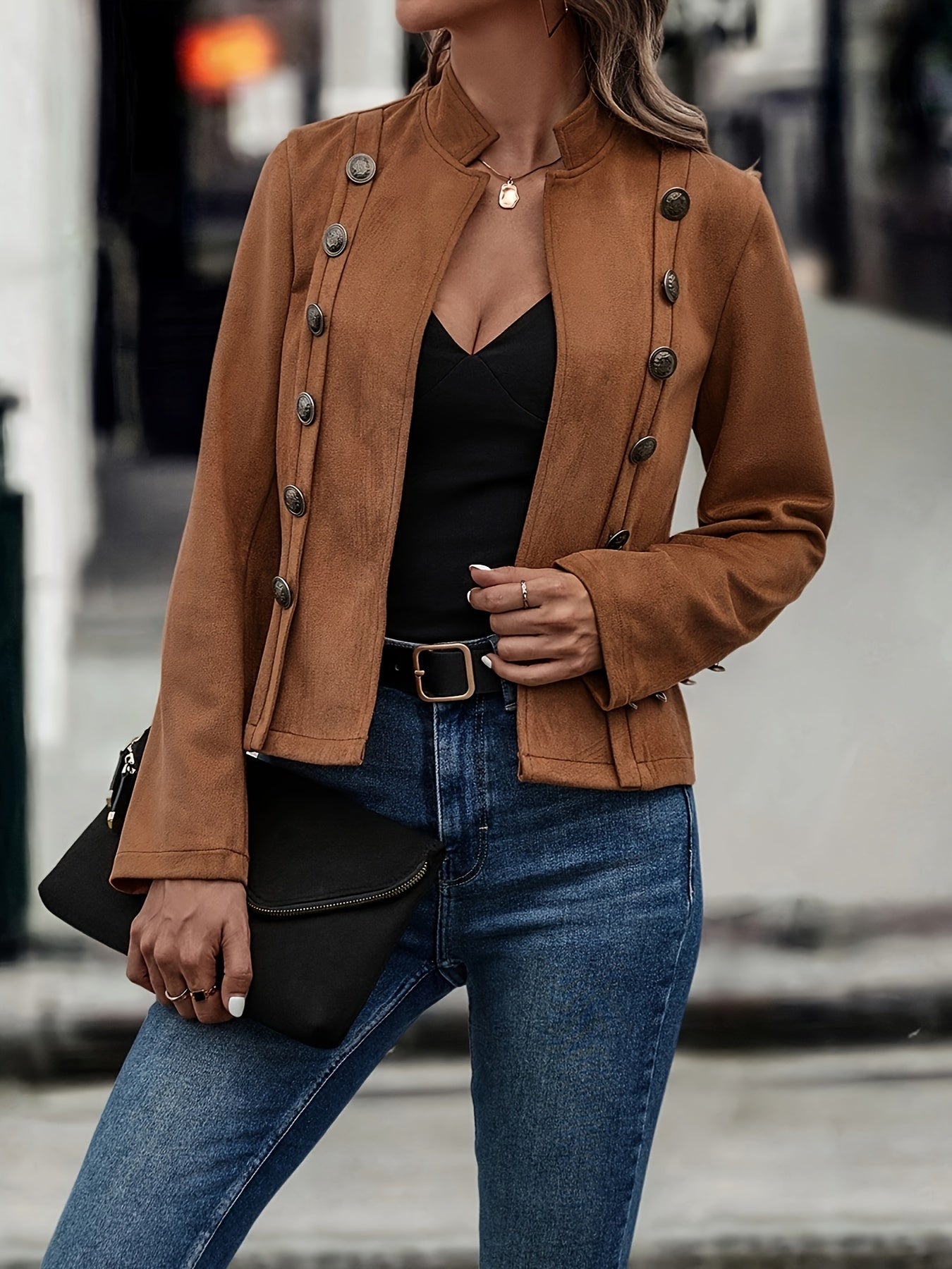 Women's European and American suede jacket, slimming and decorative double-breasted jacket