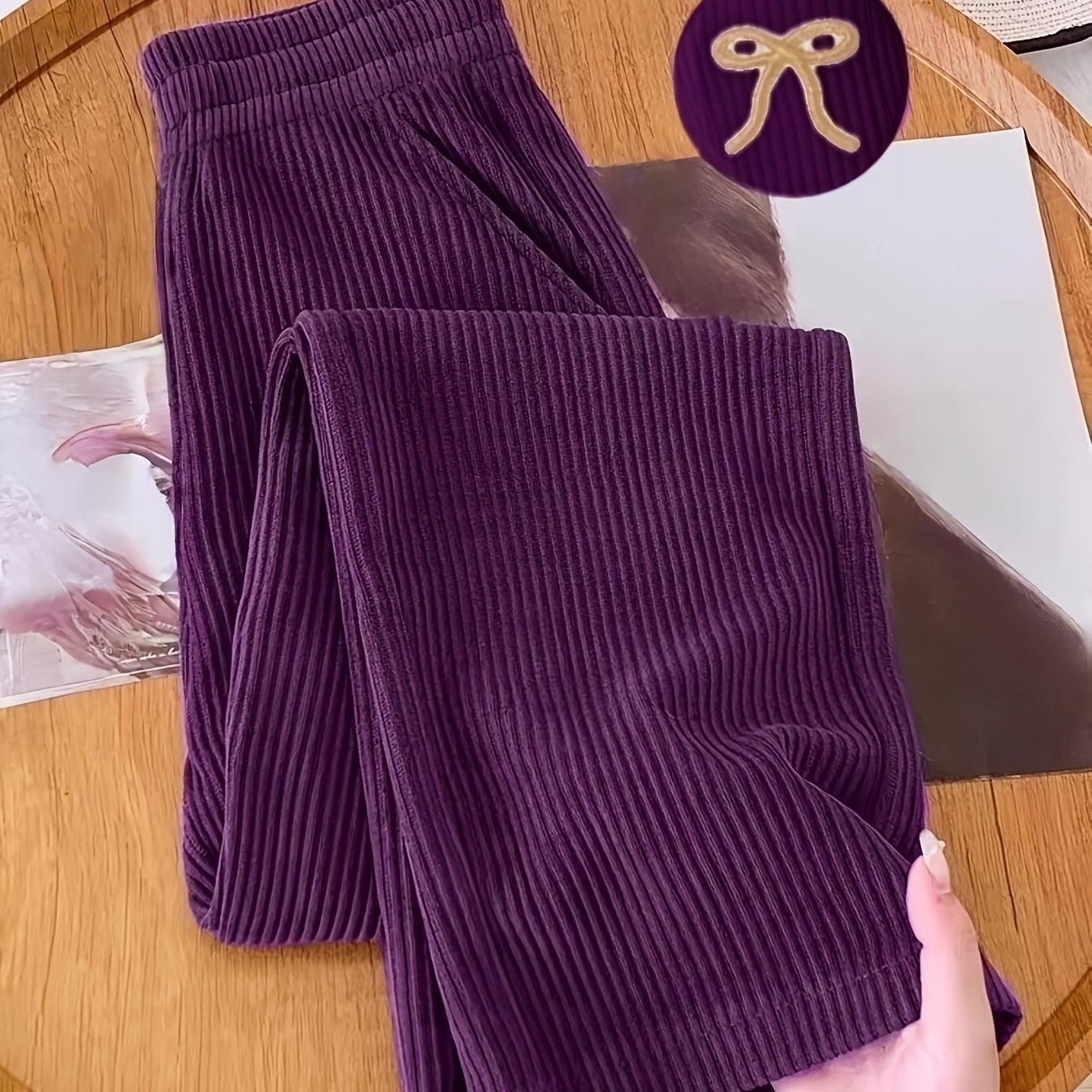 New Women'S Corduroy Joggers with Pockets And Embroidered Bows, Suitable for Casual Or Wear, Featuring a Loose And Easy Straight - Leg Design, Perfect for Commuting And Travel - veyora