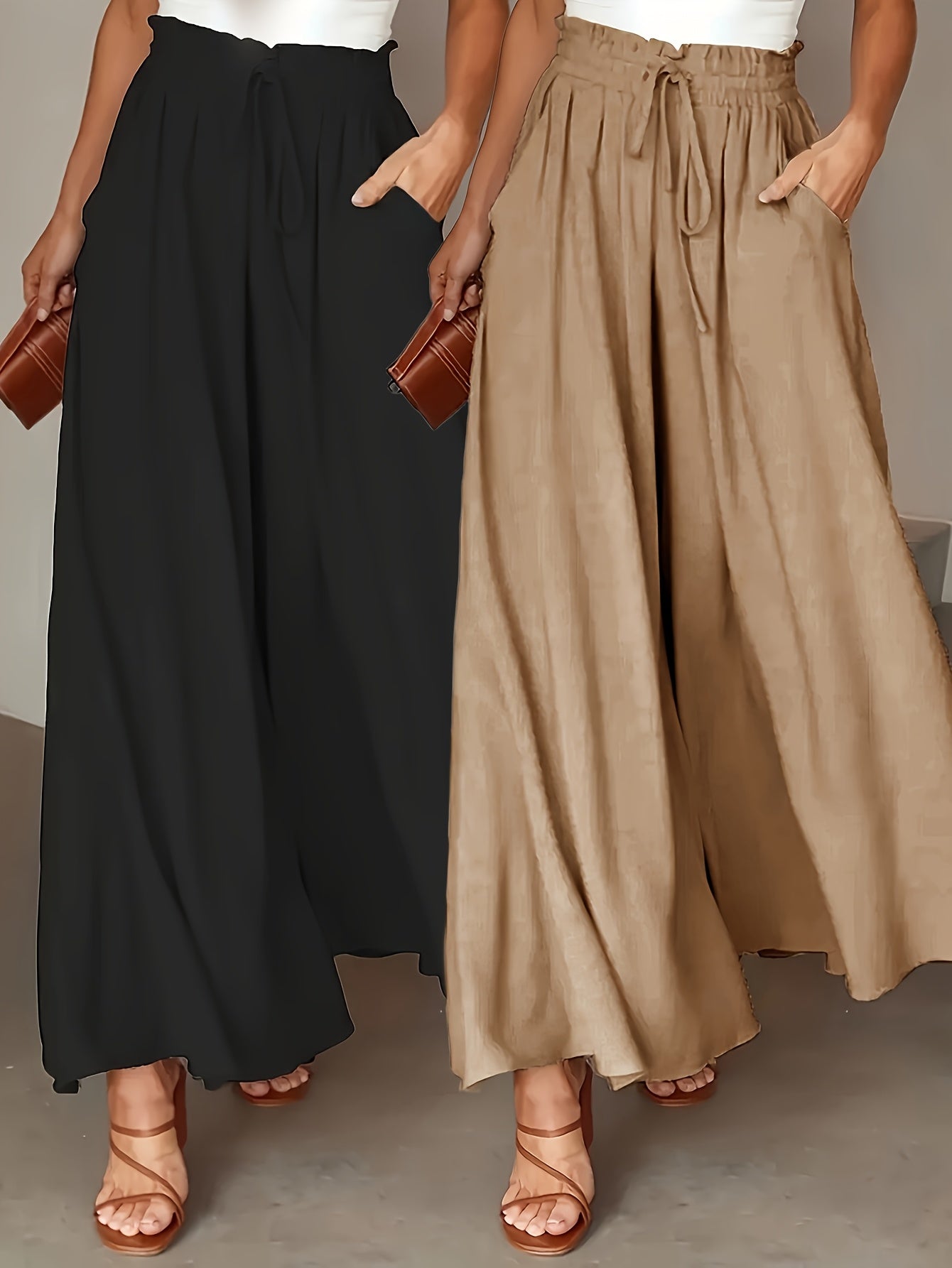 Two - pack Women's casual high - waisted comfortable breathable pocket drawstring loose wide - leg pants - veyora