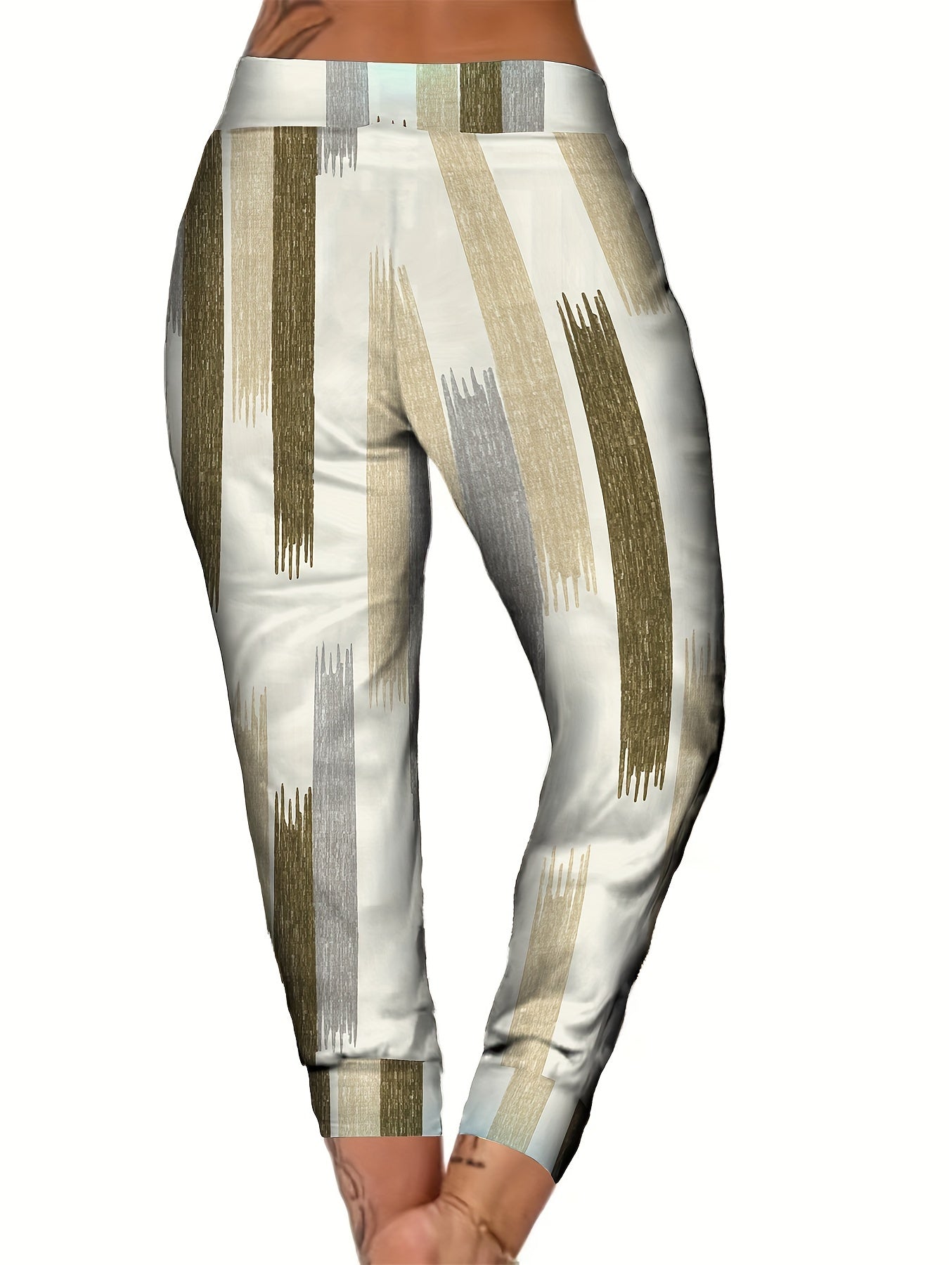 Women's Striped Print Cropped Pants, High Stretch Polyester and Elastane Blend, Machine Washable - Spring/Autumn, Casual, 9 - inch - veyora