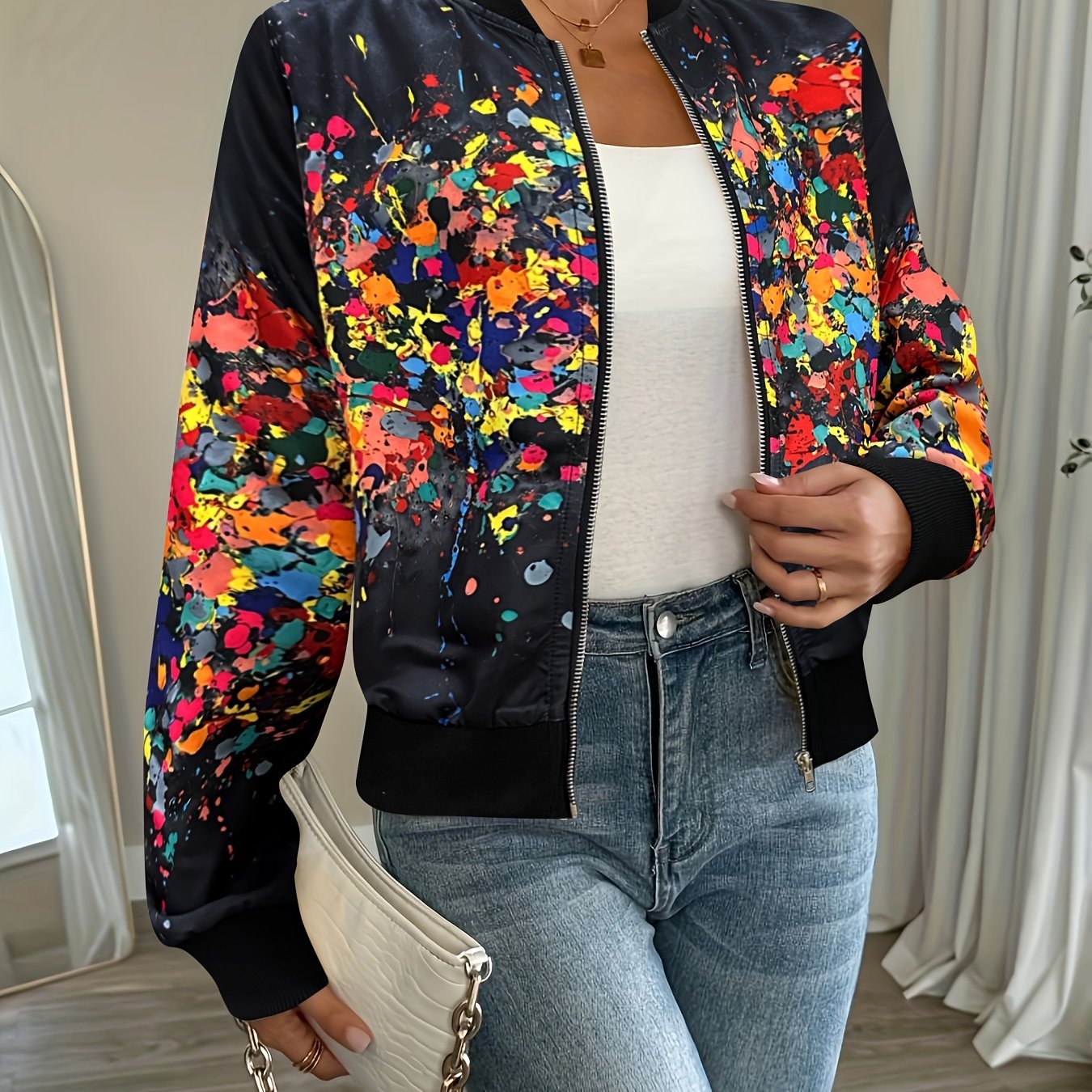 Women'S Lightweight Casual Jacket - Vibrant Tie - Dye Print, Stand Collar, Zip - Up, Long Sleeve, Perfect for Spring/Fall, Spring Jacket | Vibrant Print Jacket | Zippered Jacket - veyora