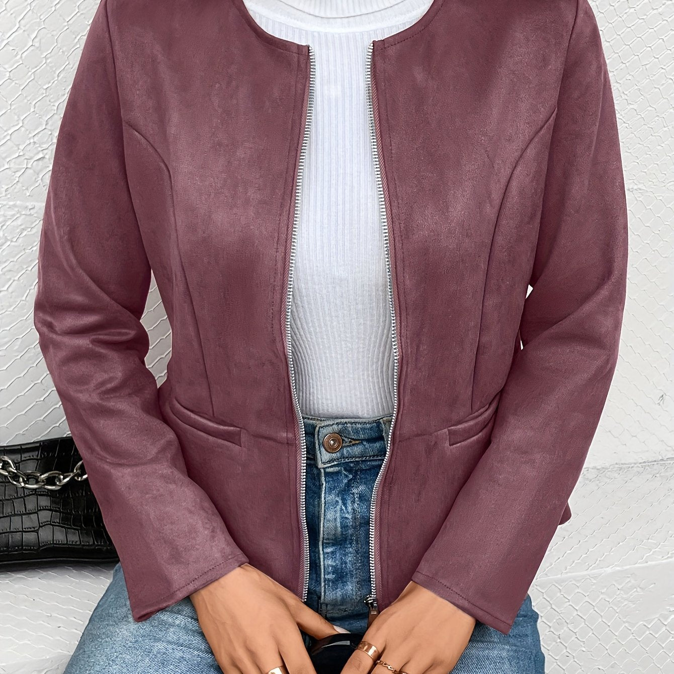 Ladies Fashion Round Neck Slim Top Long Sleeve Access Control Zipper Cardigan Cropped Jacket - veyora