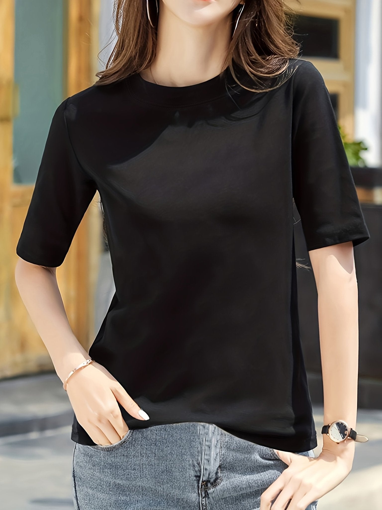 Women'S Elegant Solid Color T-Shirt - Soft Pink Crew Neck Short Sleeve Top, Perfect for Summer Fashion, Everyday Tshirt | Versatile Top | Comfortable Fit - veyora