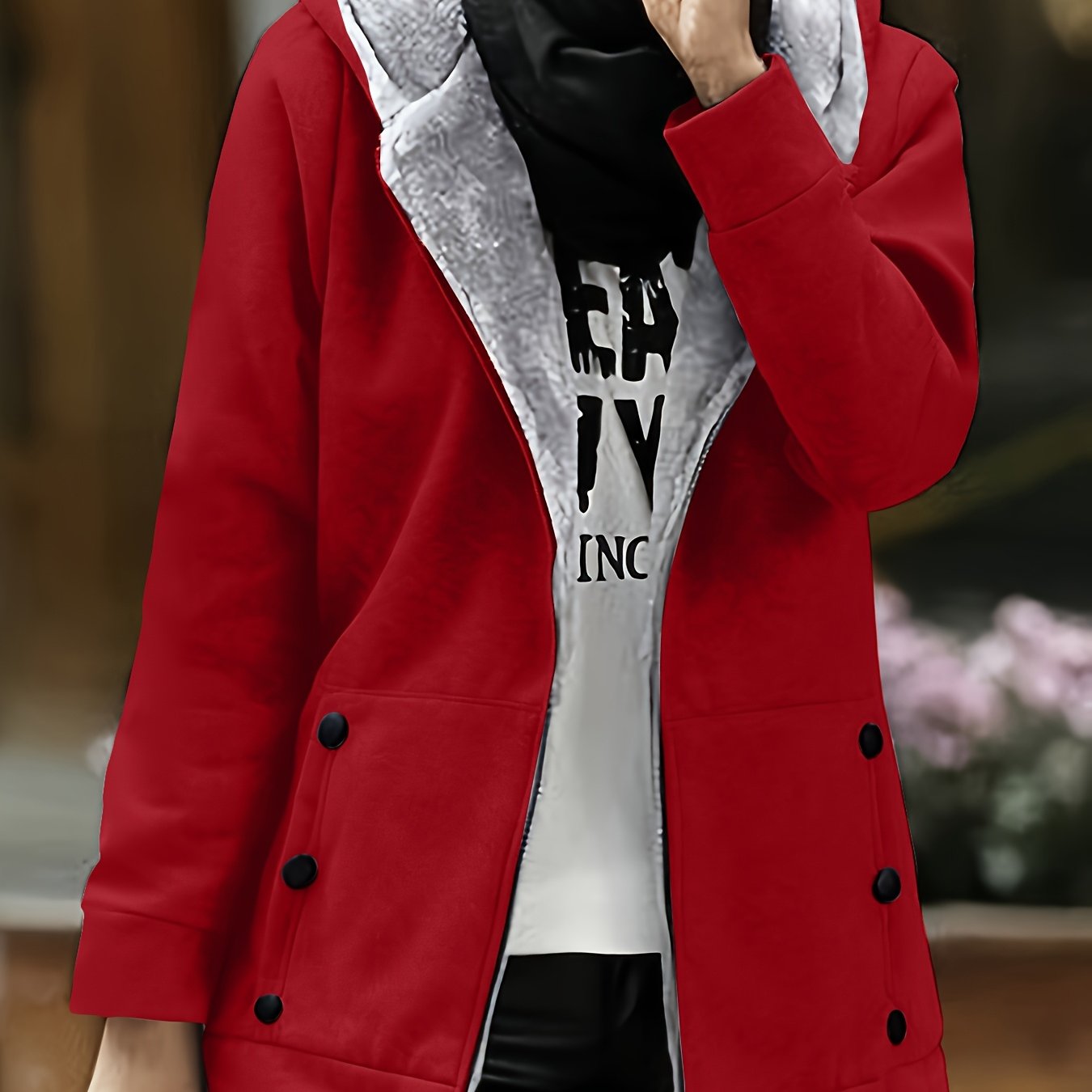 Women'S Autumn And Winter Fleece Hooded Jacket, Windproof And Warm, Stylish And Casual, Long - Sleeved, Solid Color with Patch Pockets And Zip - Up Front - veyora