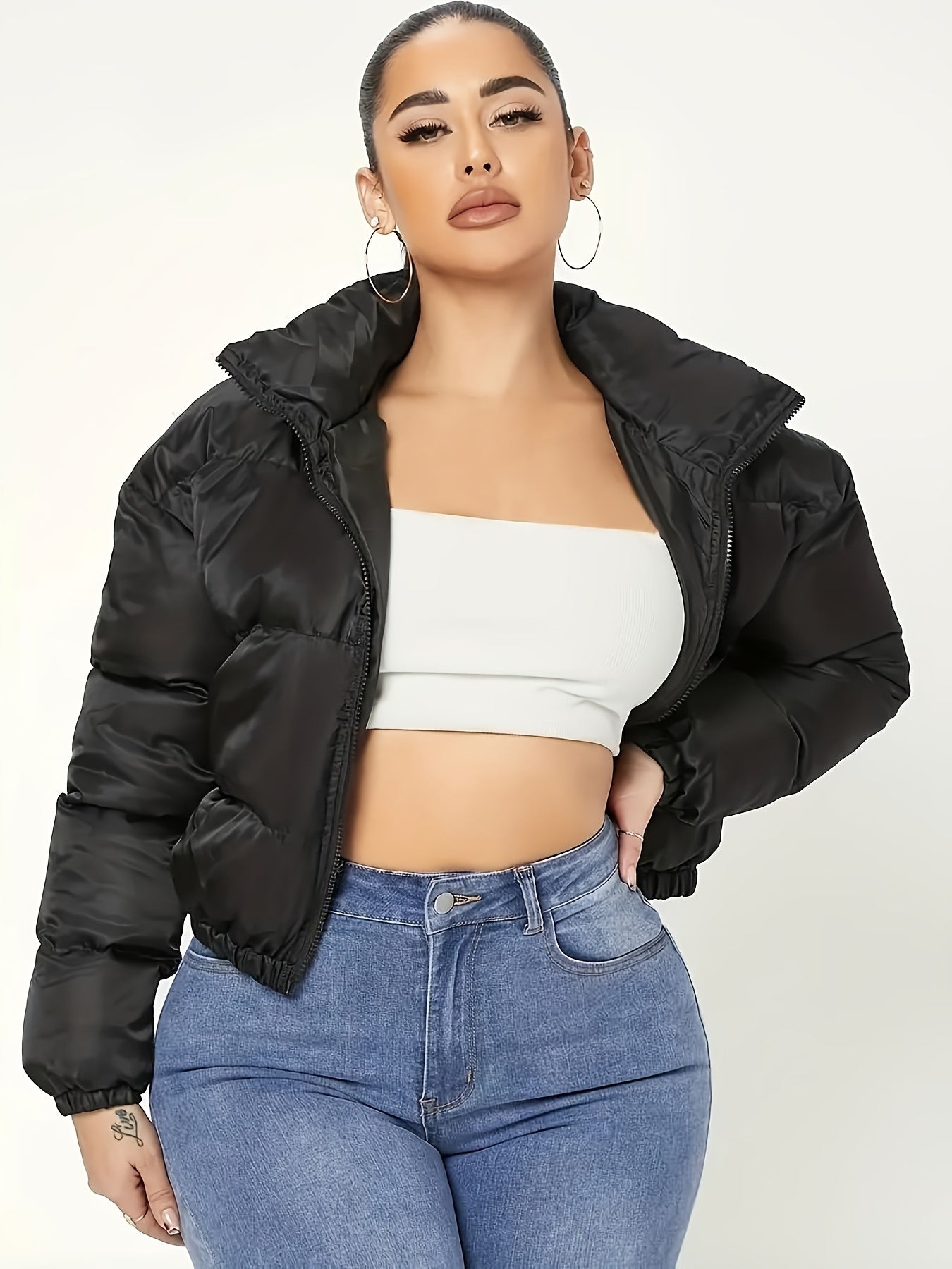 A Fitted Solid Color Zip - Up Jacket with Directional Design, Y2K Long - Sleeve Cropped Jacket for Women - veyora