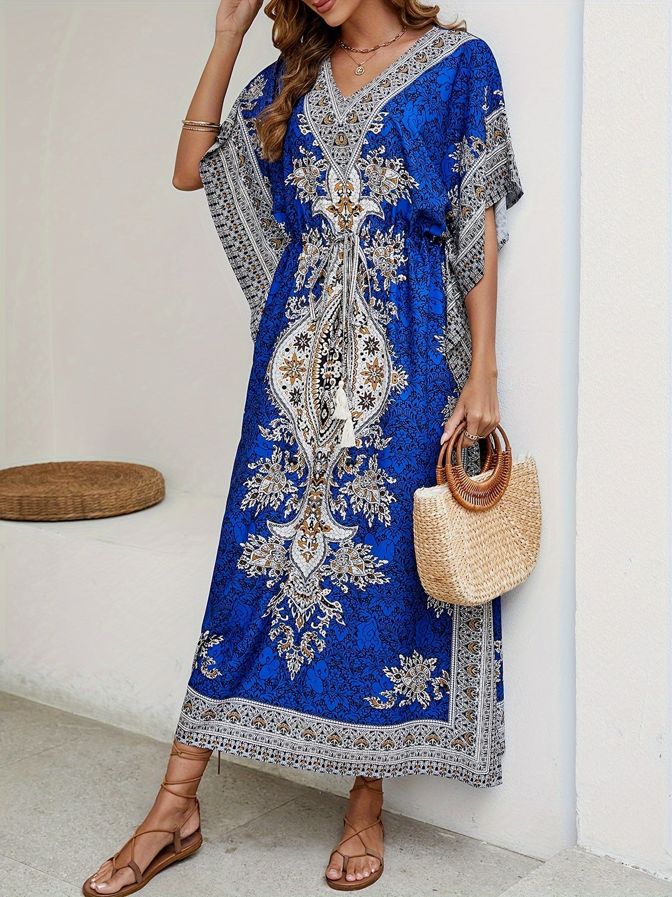 Women's Middle Eastern Muslim Robe, Loose V-Neck Beach Sun Protection Party Casual Bohemian Dress