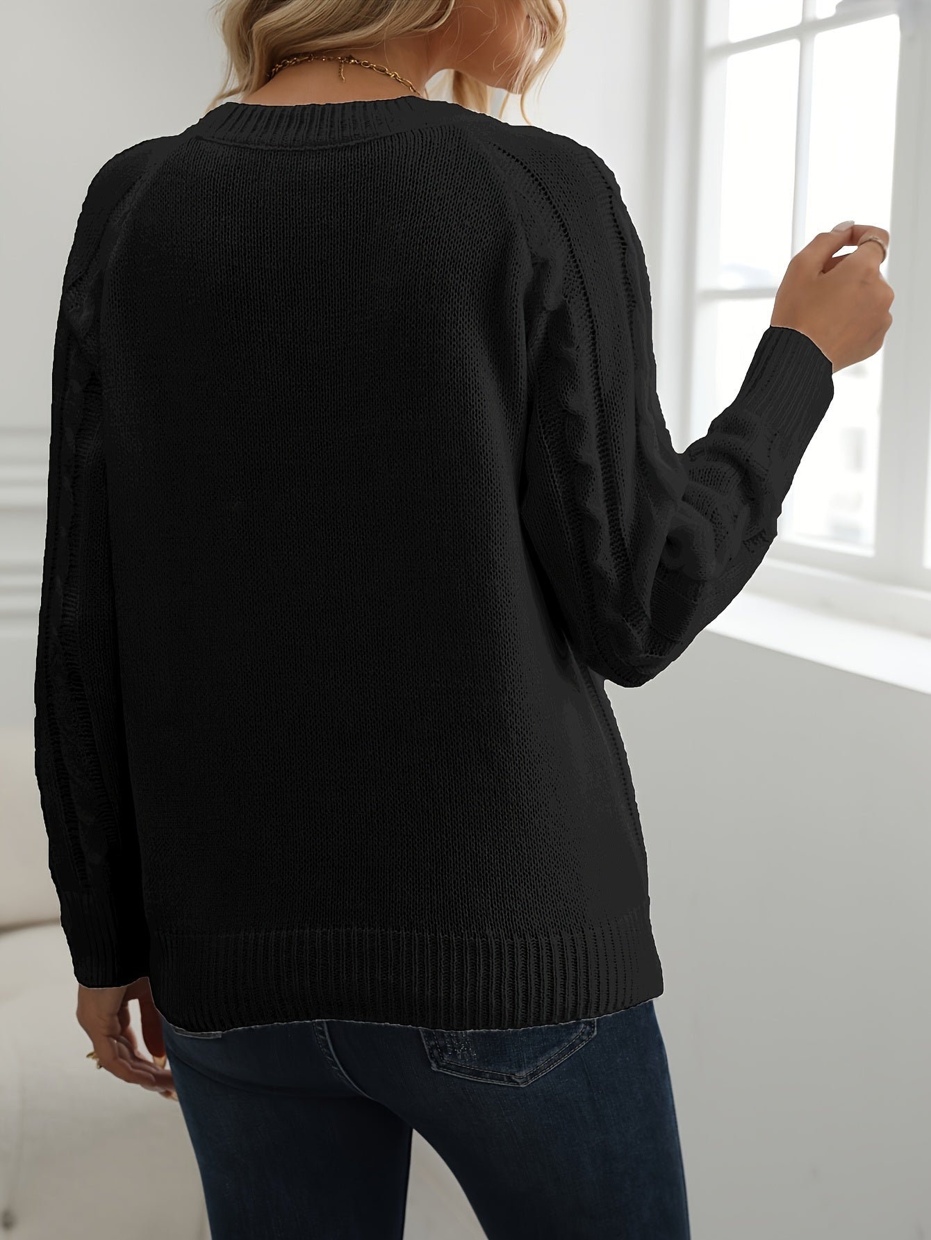Solid Cable Knit Sweater, Casual Crew Neck Long Sleeve Sweater, Women's Clothing