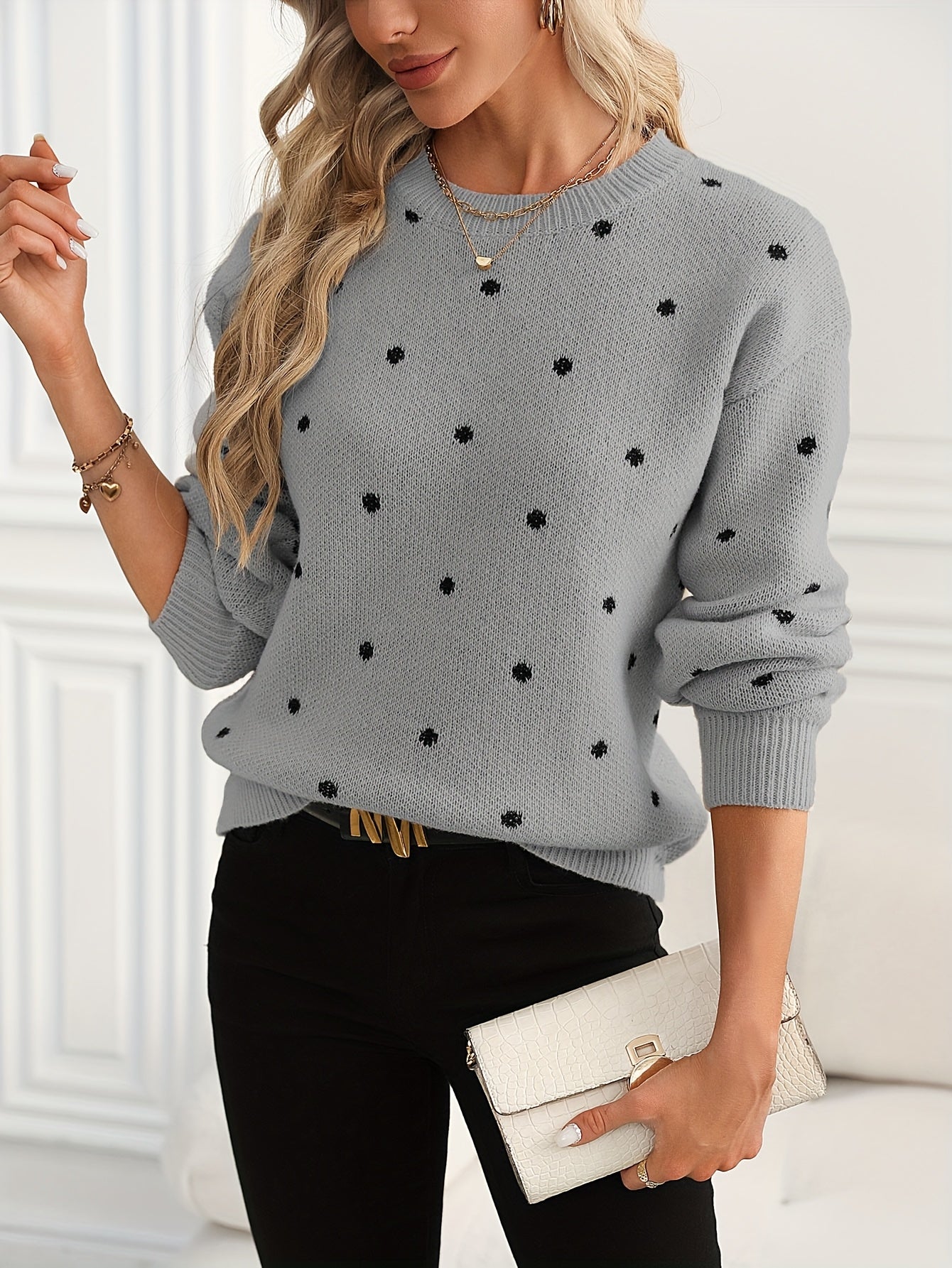 Polka Dot Pattern Knit Sweater, Casual Long Sleeve Crew Neck Sweater, Women's Clothing