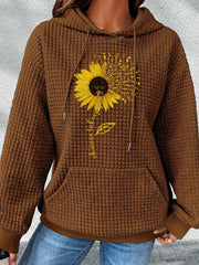 Sunflower Print Waffle Hoodie, Drawstring Kangaroo Pocket Casual Hooded Sweatshirt For Winter & Fall, Women's Clothing - veyora