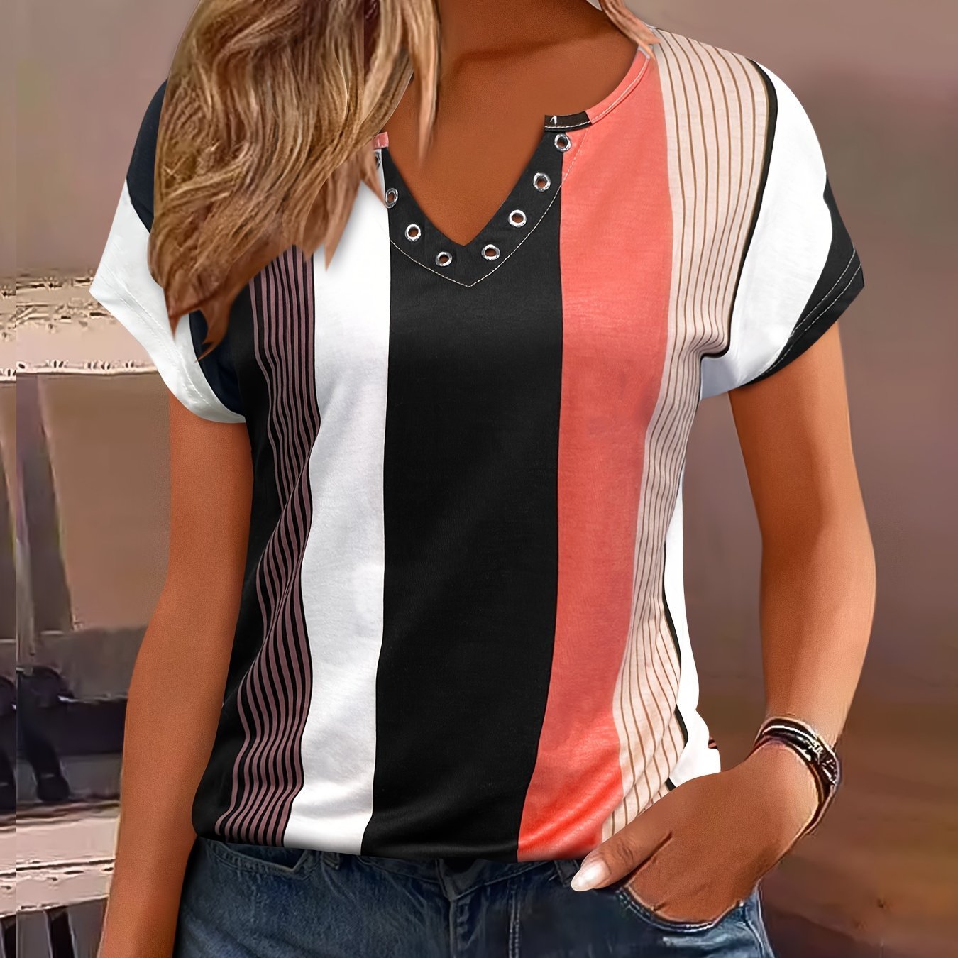 Colorblock Stripe Print V Neck T-Shirt, Casual Short Sleeve Top For Spring & Summer, Women's Clothing - veyora