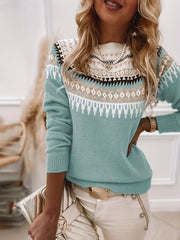 Women's Casual Round Neck Long Sleeve Knit Sweater - Light Blue with White and Black Tribal Pattern, Acrylic, Perfect for Fall/Winter, Fall Fashion | Ethnic Style Sweater | Glossy Finish