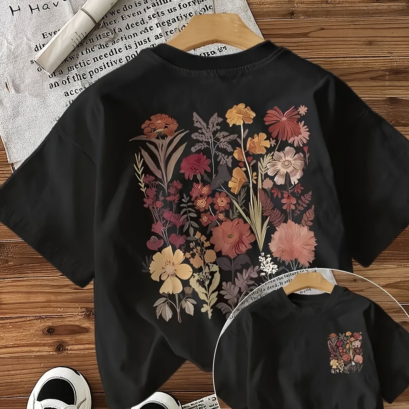 Women's Casual Short Sleeve Round Neck T-Shirt - Vibrant Geometric Floral Print, Semi - Sheer Comfortable Fabric, Machine Washable, Regular Fit H - Silhouette for All - Season Wear, Breathable Summer Top, Natureinspired Design, Lightweight Fabric - veyora