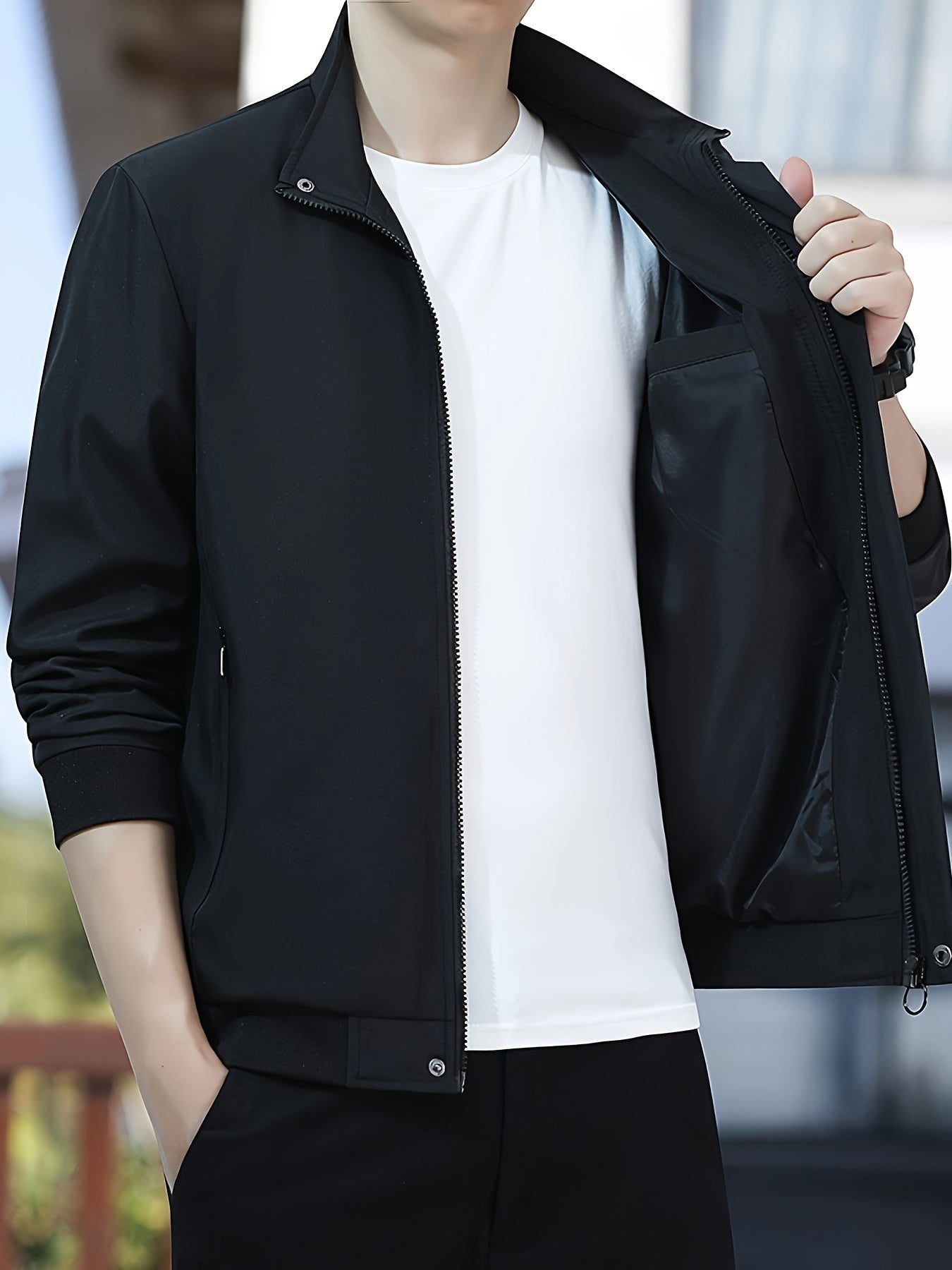 Men's Casual Zip Up Jacket, Chic Stand Collar Bomber Jacket - veyora
