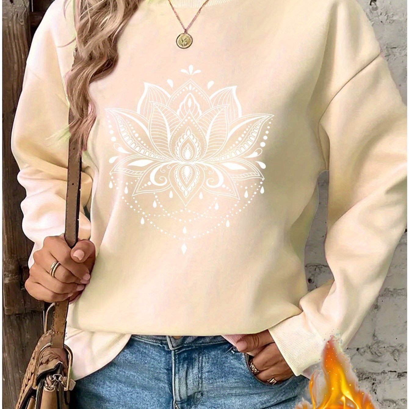 Mandala for Lotus Pattern Print Women's Daily Casual Plus Thickened Pullover Sweater - veyora