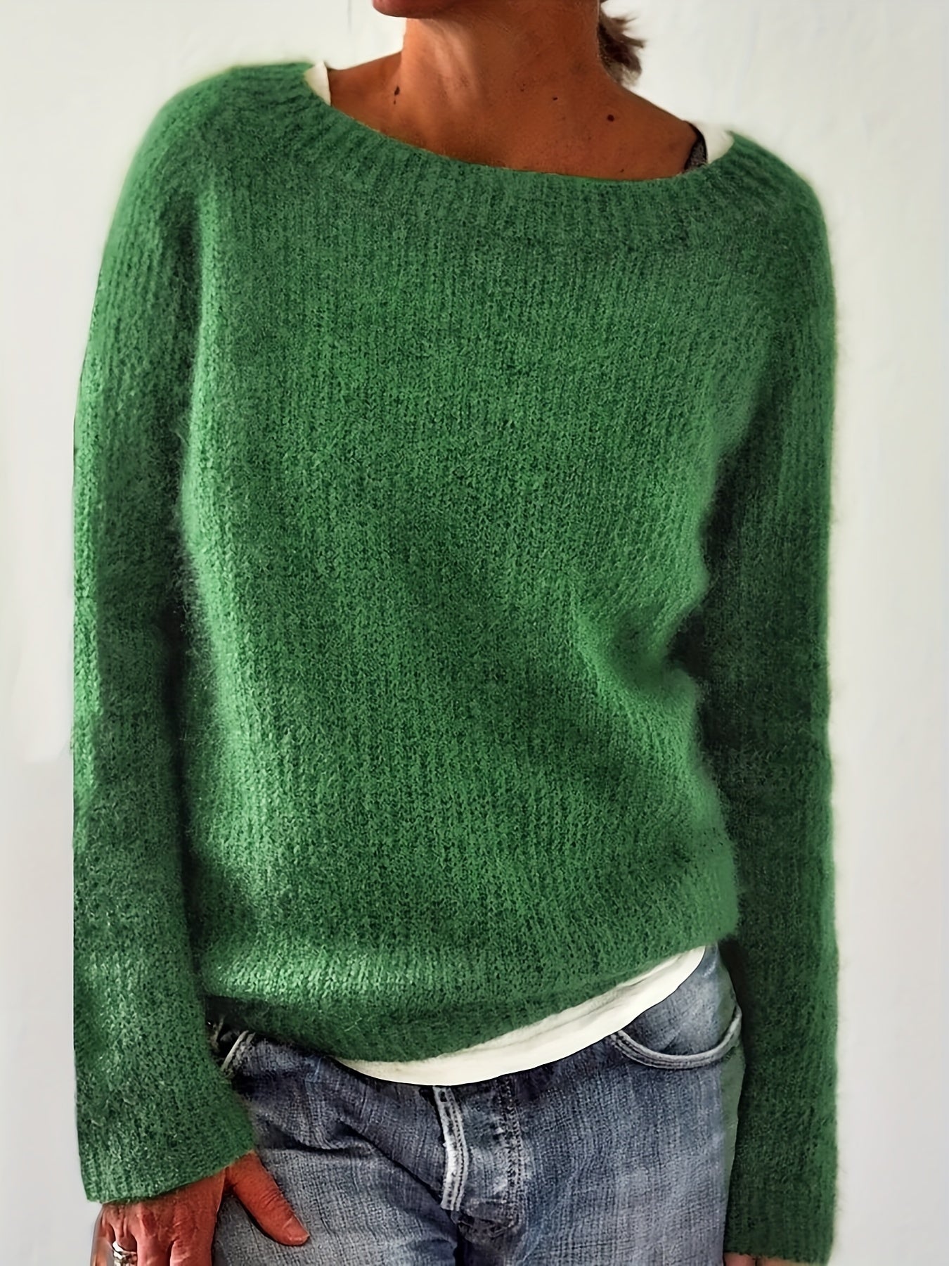 Long Sleeve Solid Crew Neck Casual Drop Shoulder Sweater, Women's Clothing