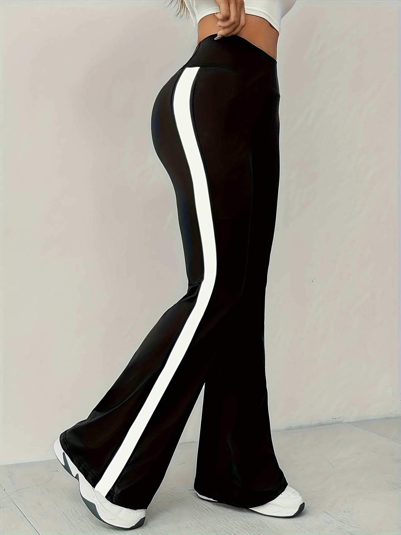 High - Waist Black Flare Pants with White Side Stripes | and Leg - Lengthening, Casual Style, Suitable for All Seasons - veyora