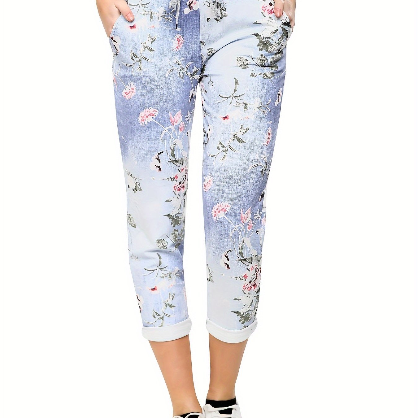 Floral Print Drawstring Capri Pants - veyora