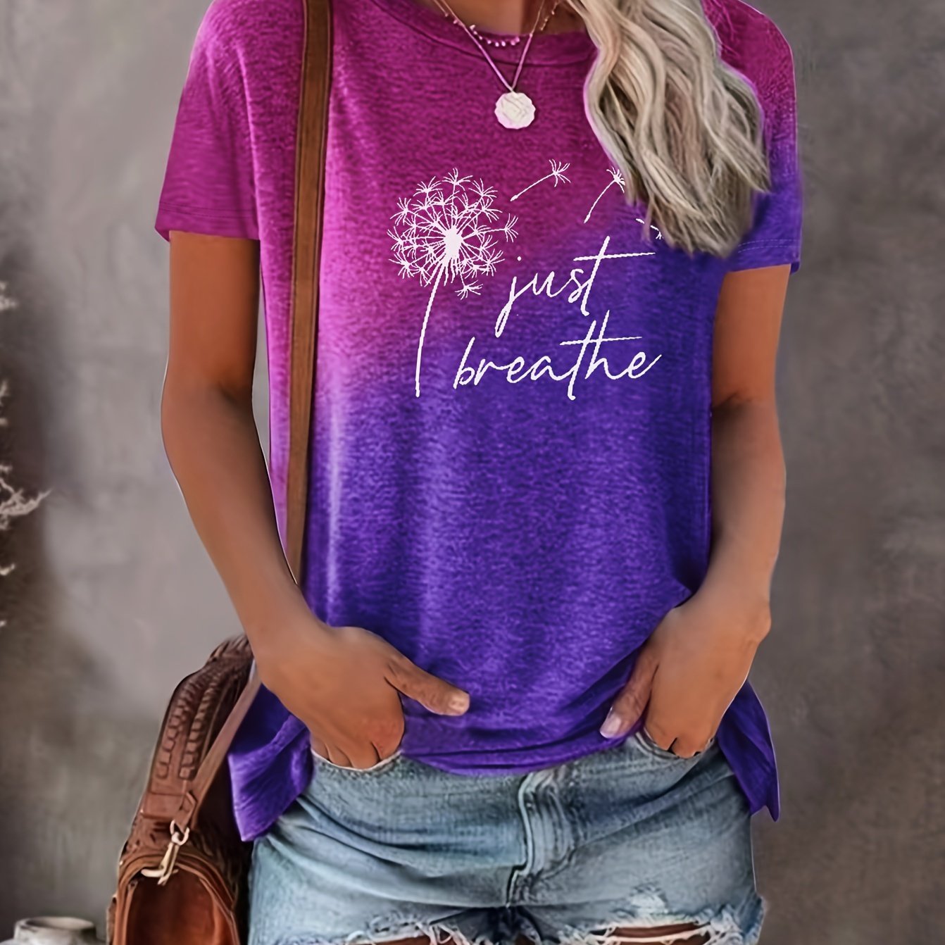 Just Breathe & Dandelion Print T-shirt, Casual Crew Neck Short Sleeve Top, Women's Clothing - veyora