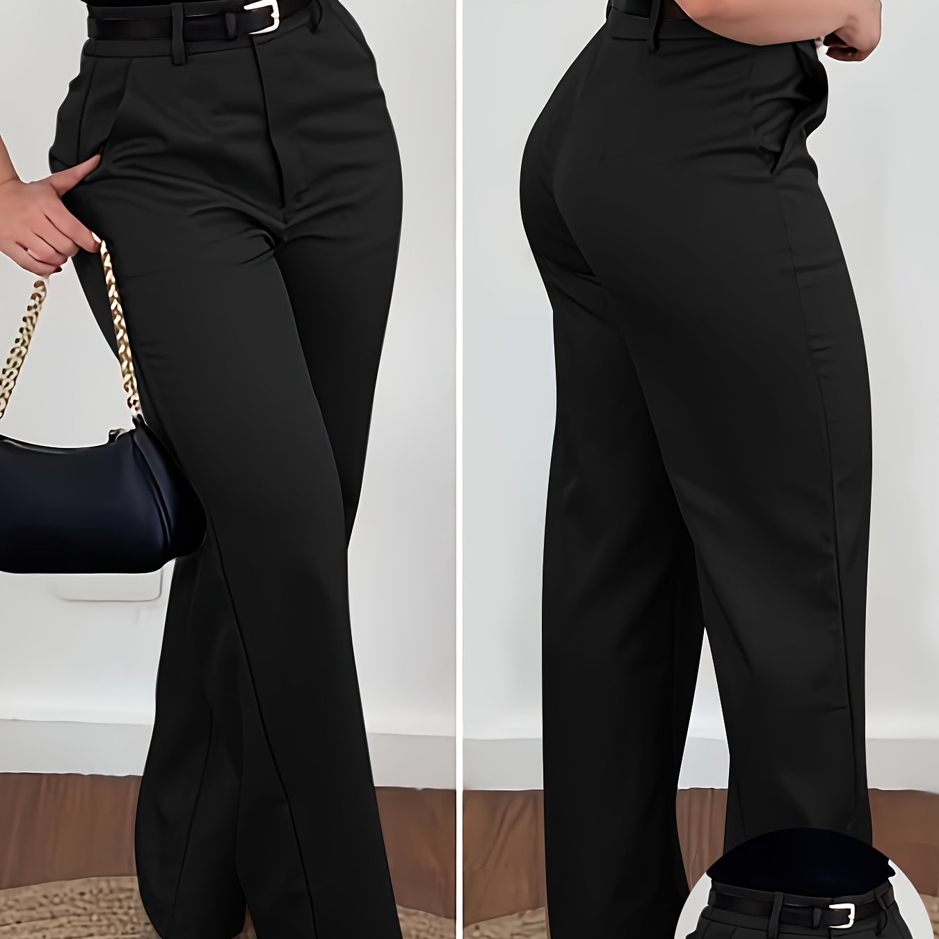 Elegant Solid Color Straight Leg Pants with Diagonal Pockets | All - season Comfort Not Included - veyora