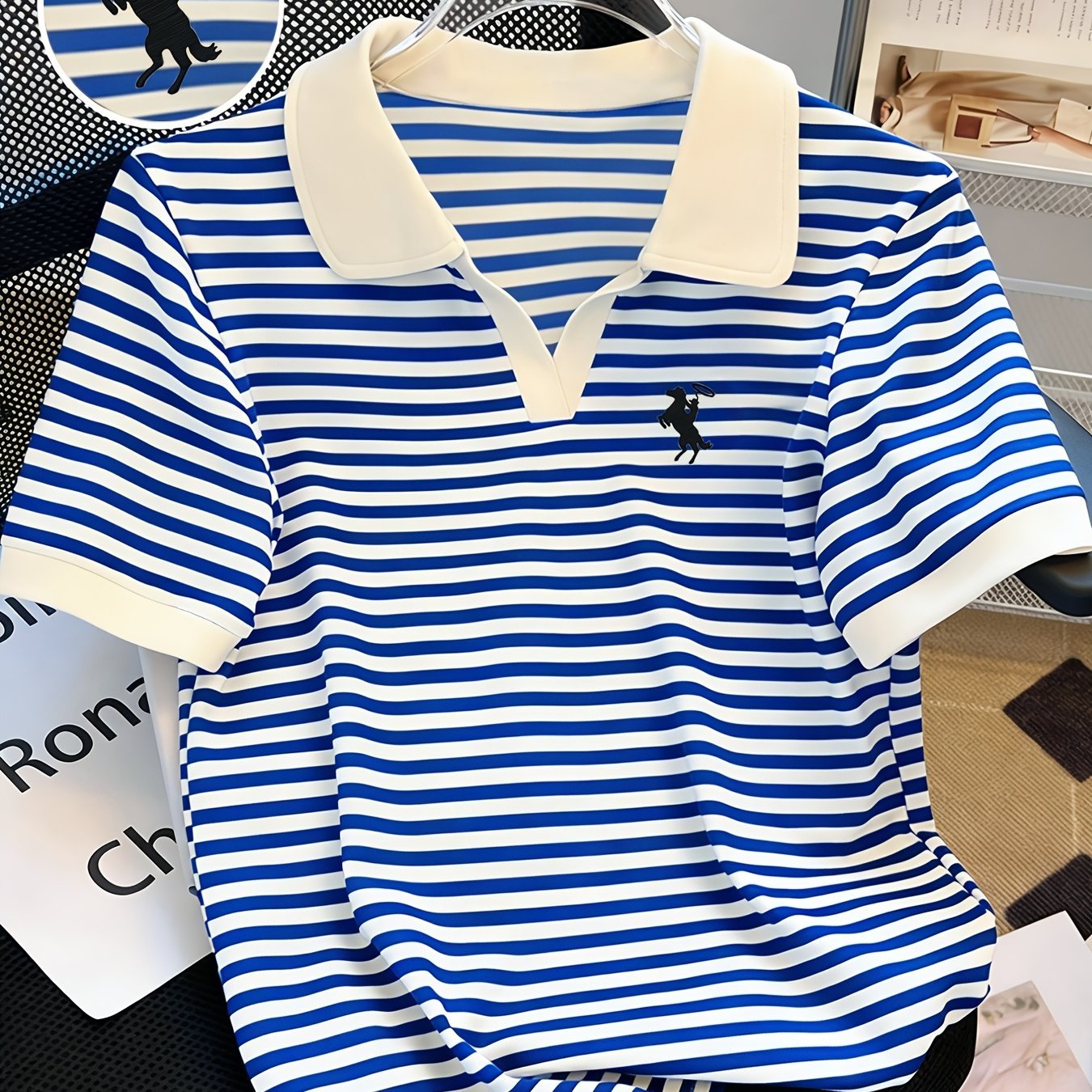 Knight Stripe Embroidered Women's Neck Short Sleeve T-Shirt, Stylish Stripe Contrast Color Versatile Casual Summer Top, Machine Washable All - Season Comfort Fit - veyora