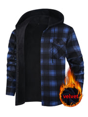Men'S Durable Flannel Jacket - Insulated Hooded Coat with Front Pockets, Blue And Black Plaid Work Jacket for Logging, Winter Outdoor Work, Construction - Cold Weather Outerwear by ESEA, Winter Jackets - veyora