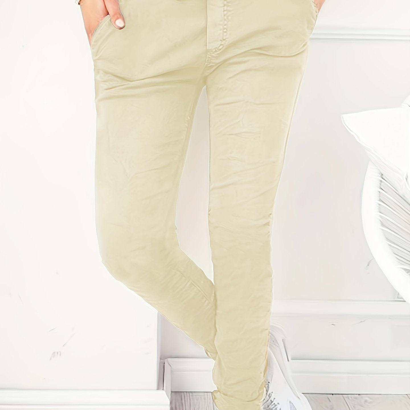 Women's Stretchy Solid Color Casual Pants - High Waist, Drawstring, with Pockets | Machine Washable | Perfect for Spring/Fall - veyora