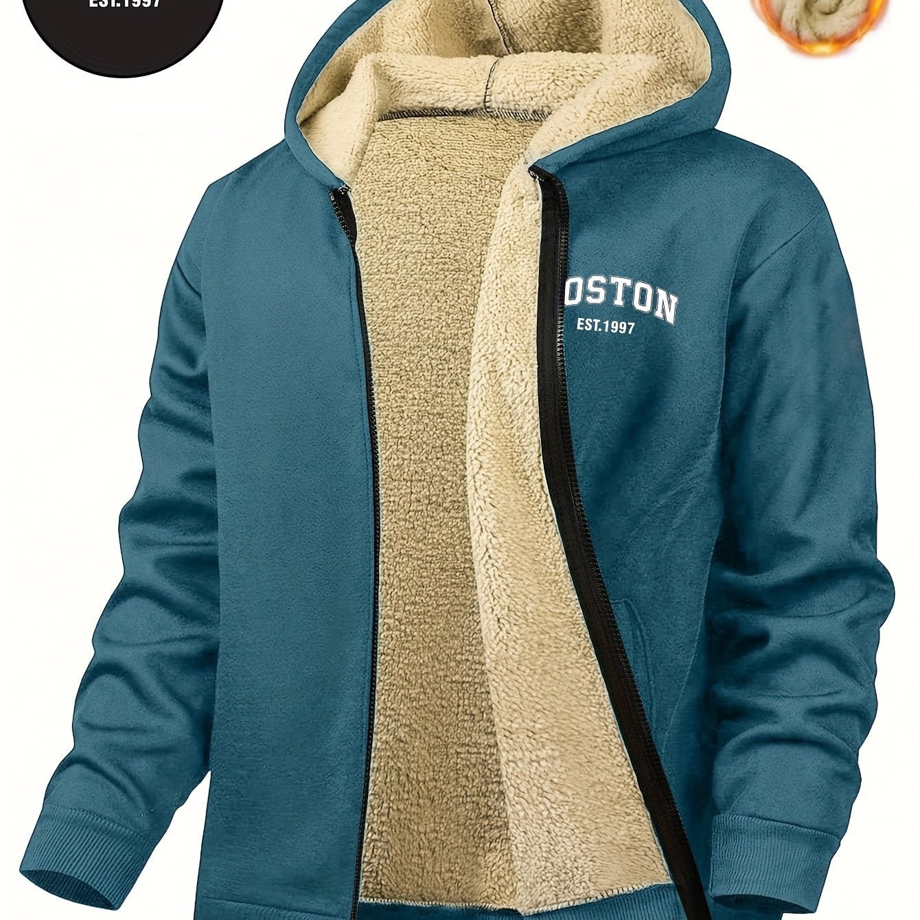 Men's Casual Zip - Up Hooded Jacket with Letter Print, Black & Beige Contrast, Regular Fit, Machine Washable, Front Pockets for Outdoor & Casual Attire - veyora