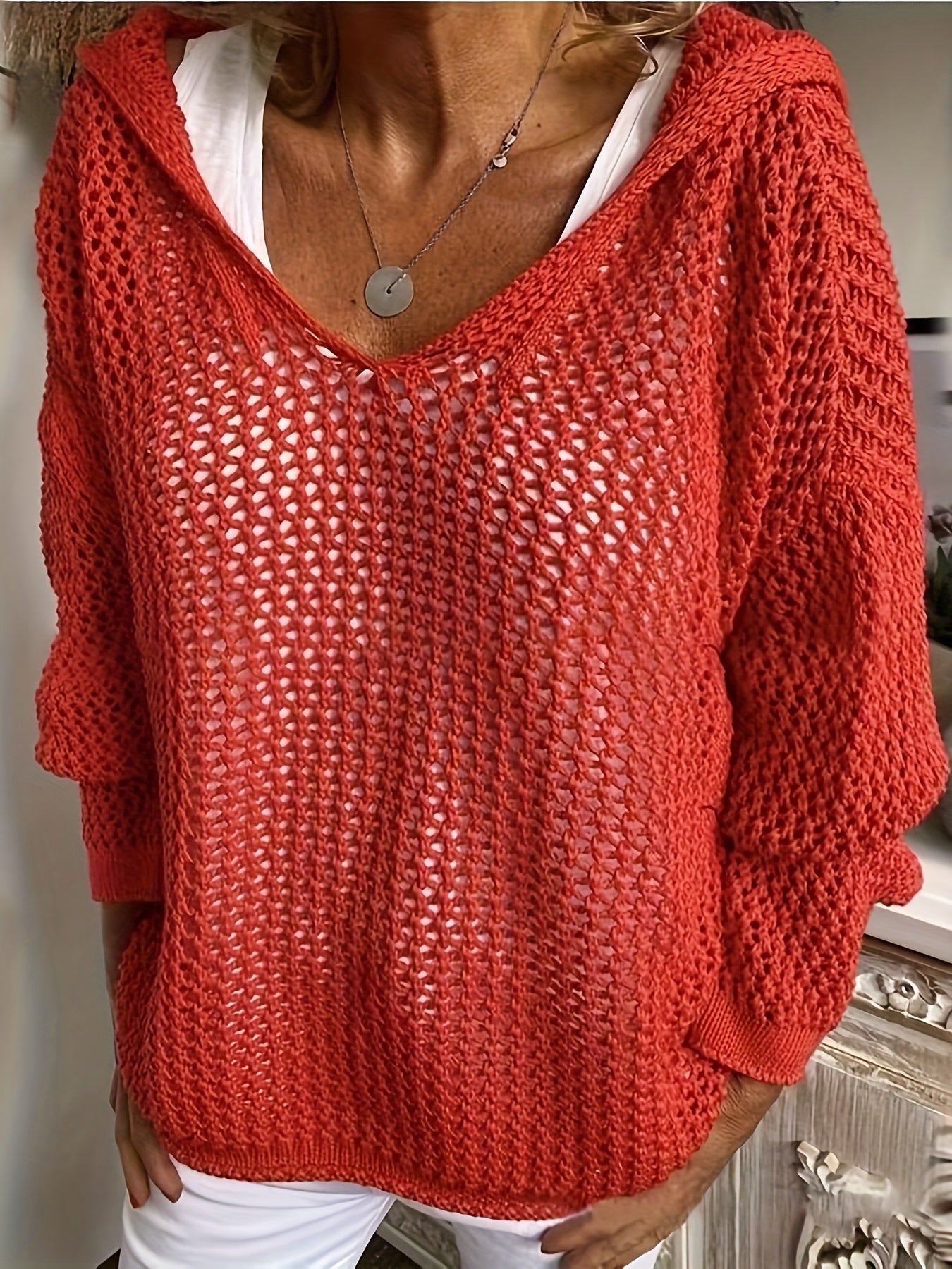 Cozy V-Neck Knitted Hooded Sweater - Soft, Casual, Long Sleeve, Hollow Out Design, Relaxed Fit, Women's Clothing for Everyday Wear