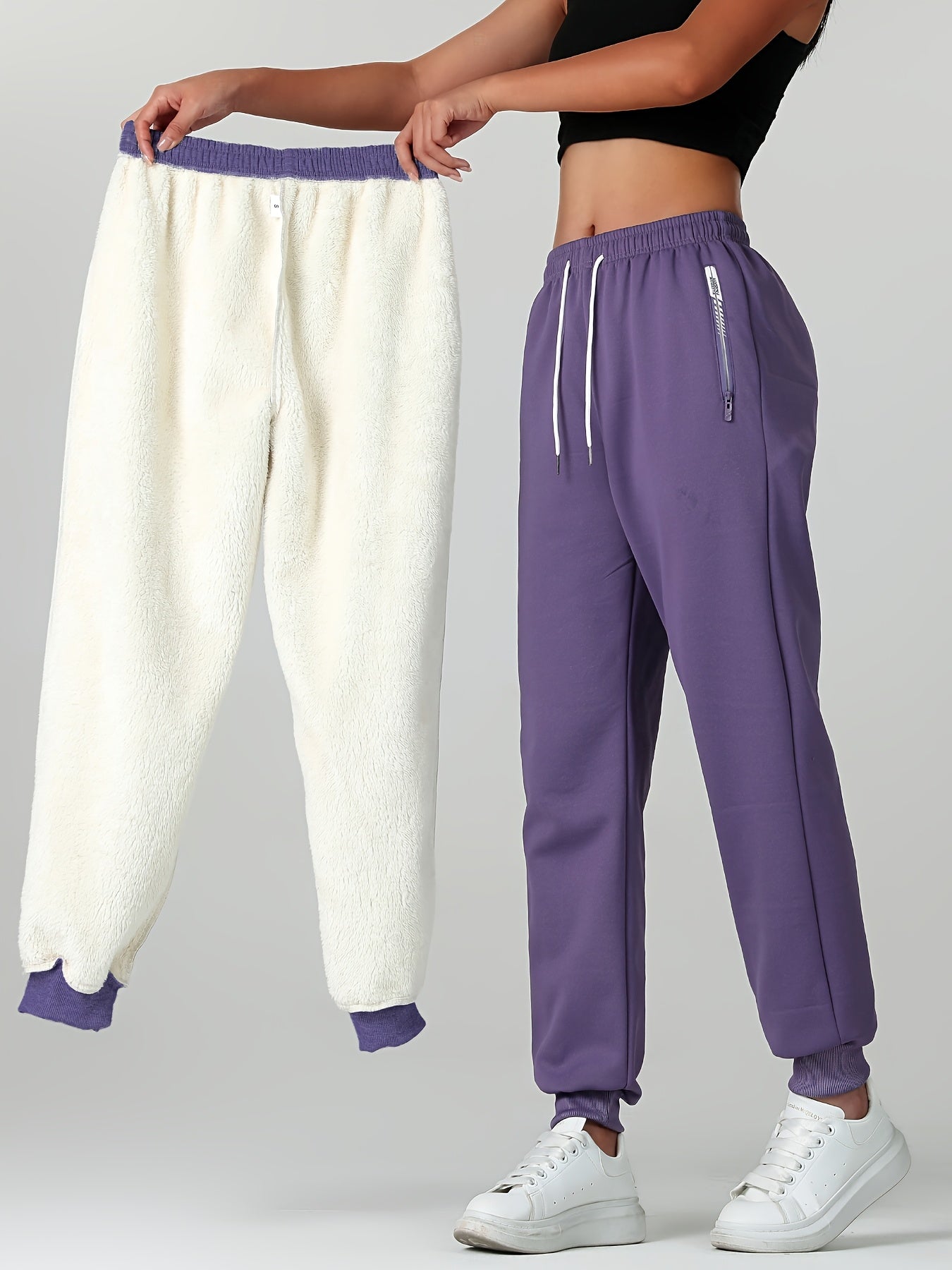 1pc of Autumn/winter Women's Long Pants, - lined Warm Casual Sweatpants for Women, Featuring an Elastic Drawstring Waist, Angled High Quality Zippered Pockets, and Windproof Thermal Cuffed Pants, Suitable for Daily Winter Wear at Home - veyora