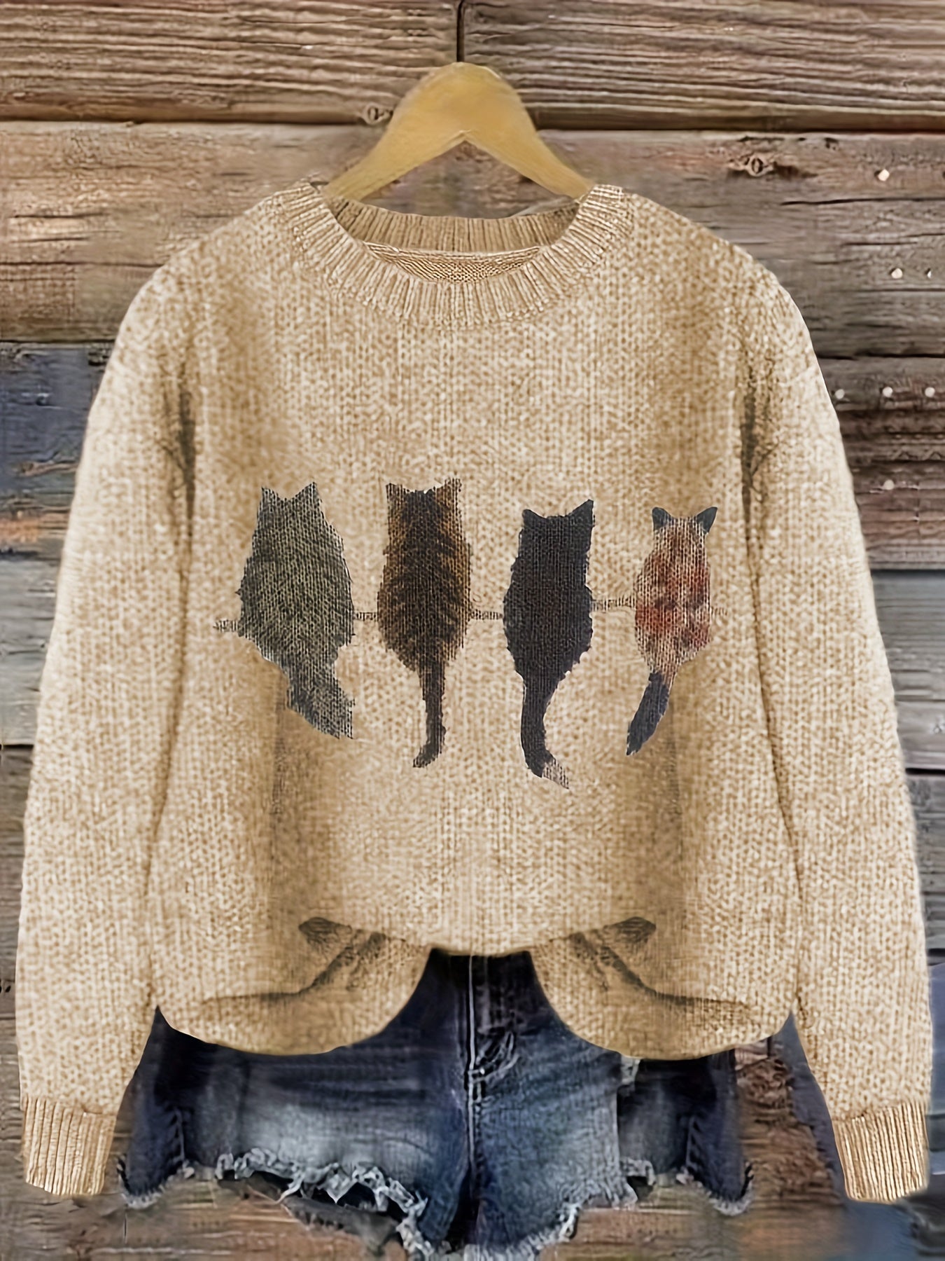 [Casual Cat Print Sweater] Color Block Cat Print Crew Neck Knit Sweater - Loose Fit Pullover - 100% Polyester - Women's Casual for Fall/Winter