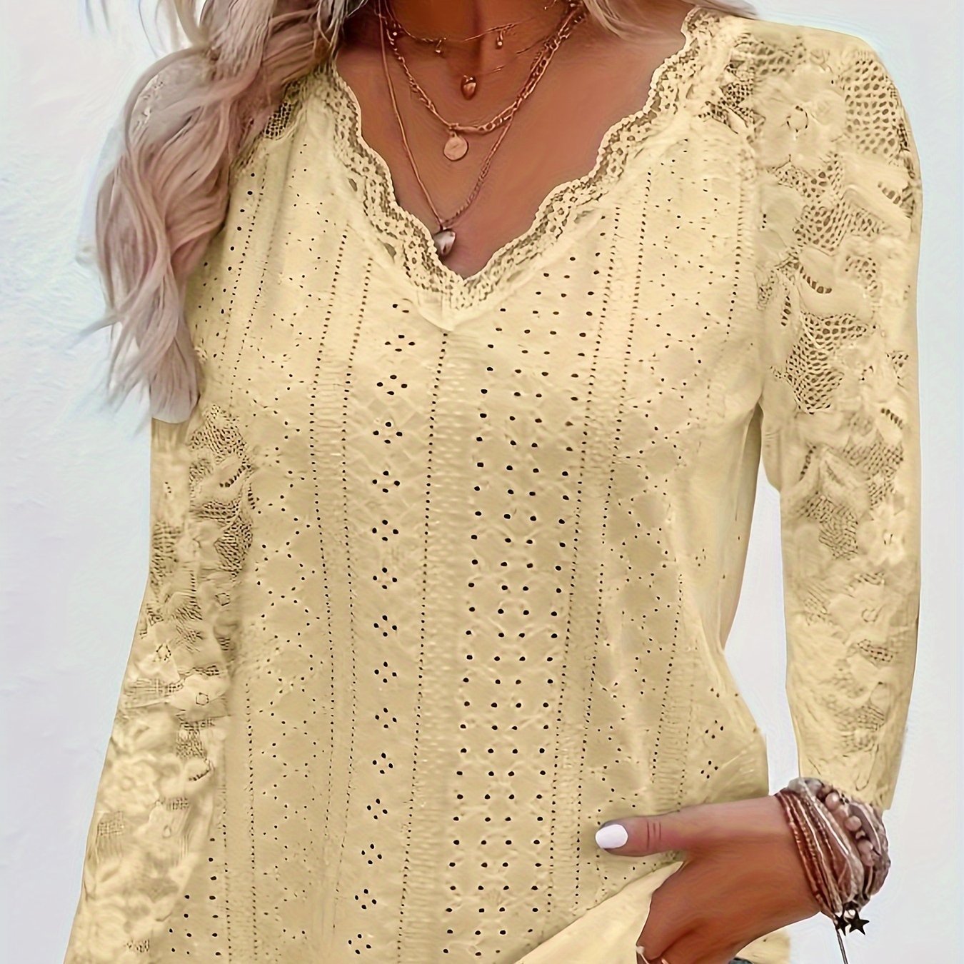 Contrast Lace V - neck Eyelet T-Shirt, Elegant Long Sleeve T-Shirt For Spring & Fall, Women's Clothing - veyora