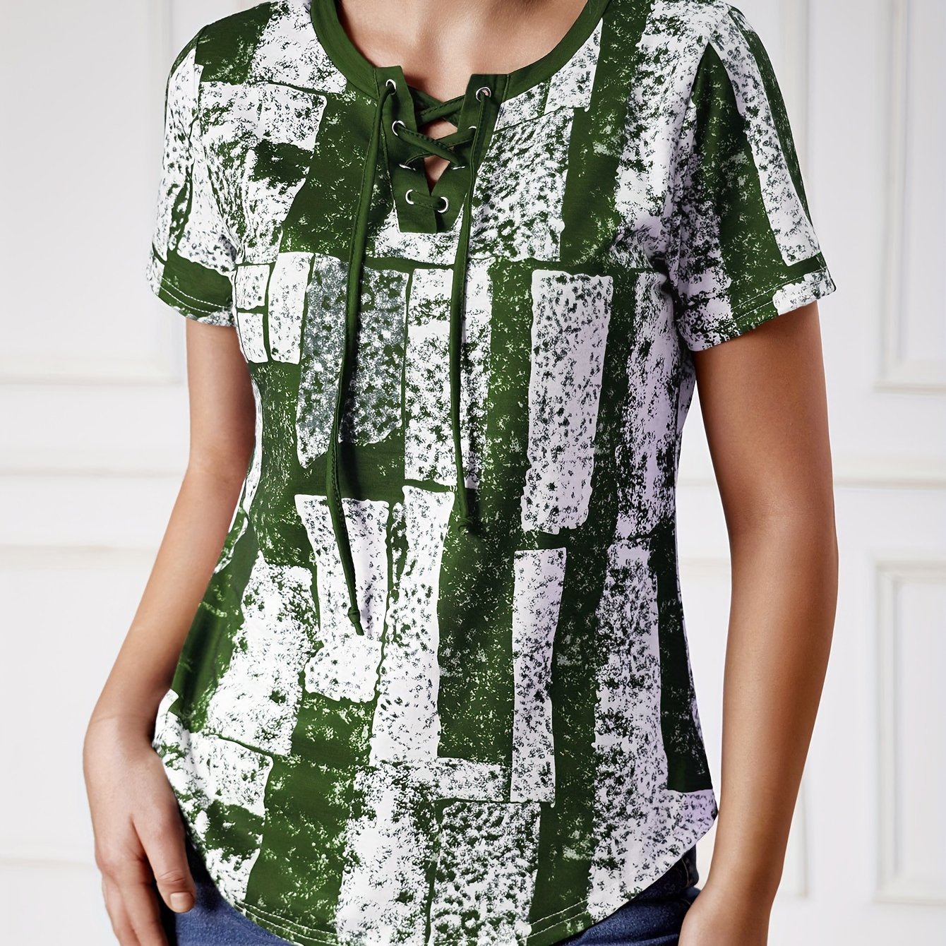 Women's Casual V - Neck T-Shirt with Adjustable Lace - Up Detail & Geometric Print - Navy Blue Summer Top, Regular Fit, Machine Washable, Ladies T Shirts, Medium Elasticity Fabric - veyora