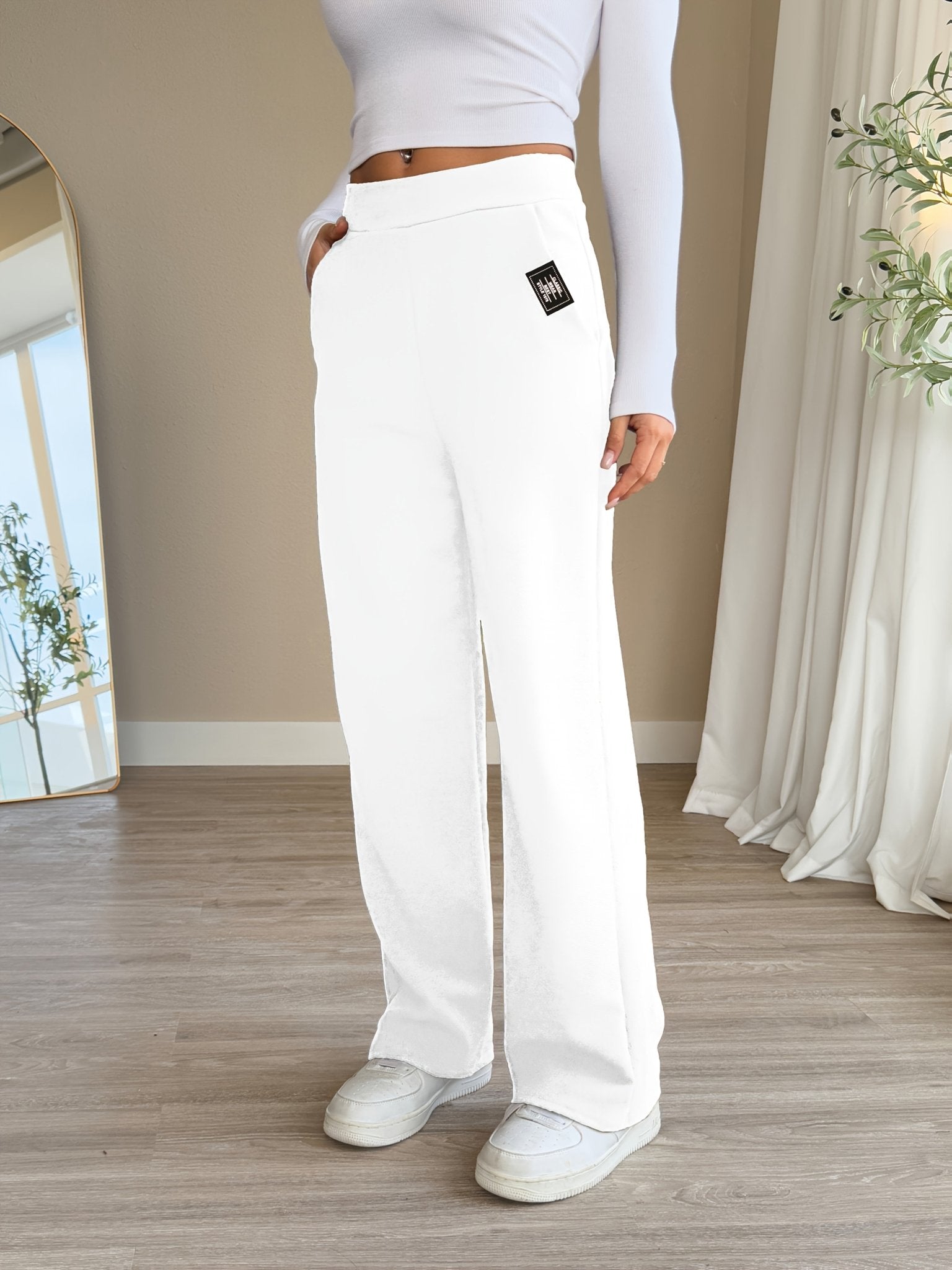 High - Waisted Casual Letter Patch Pocket Straight - Leg Pants - veyora