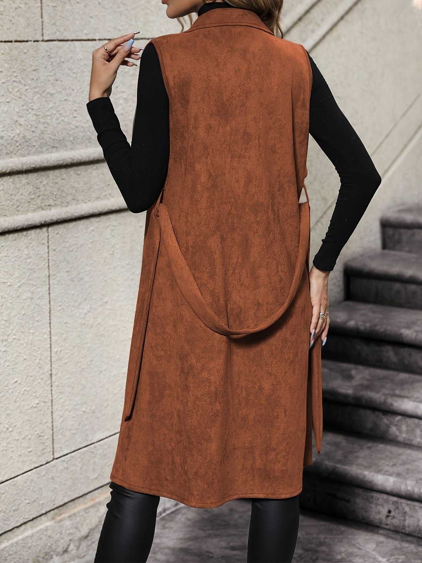 Elegant And Stylish Long Vest with a Belted Waist And No - Button Shawl Collar - veyora
