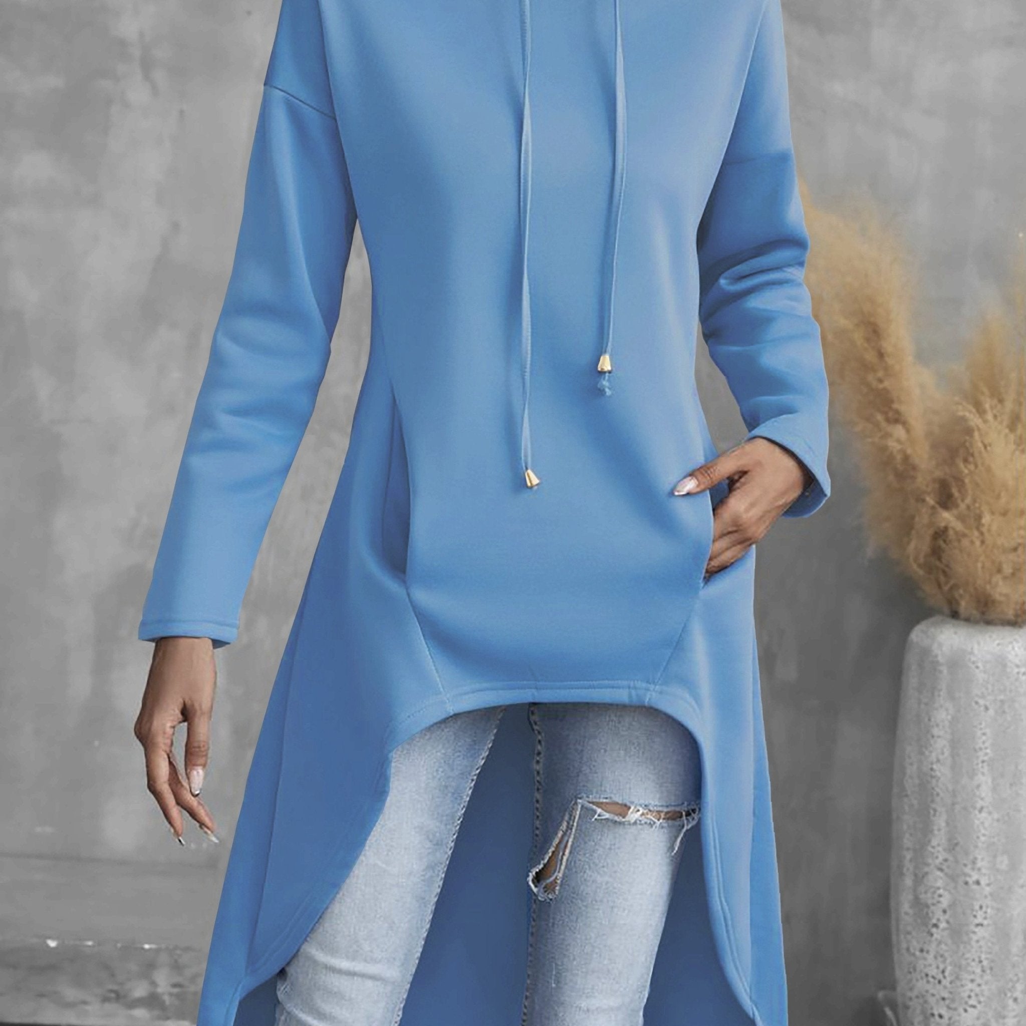 Solid Color Hig - low Hoodie, Casual Long Sleeve Drawstring Hoodie Sweatshirt, Women's Clothing - veyora