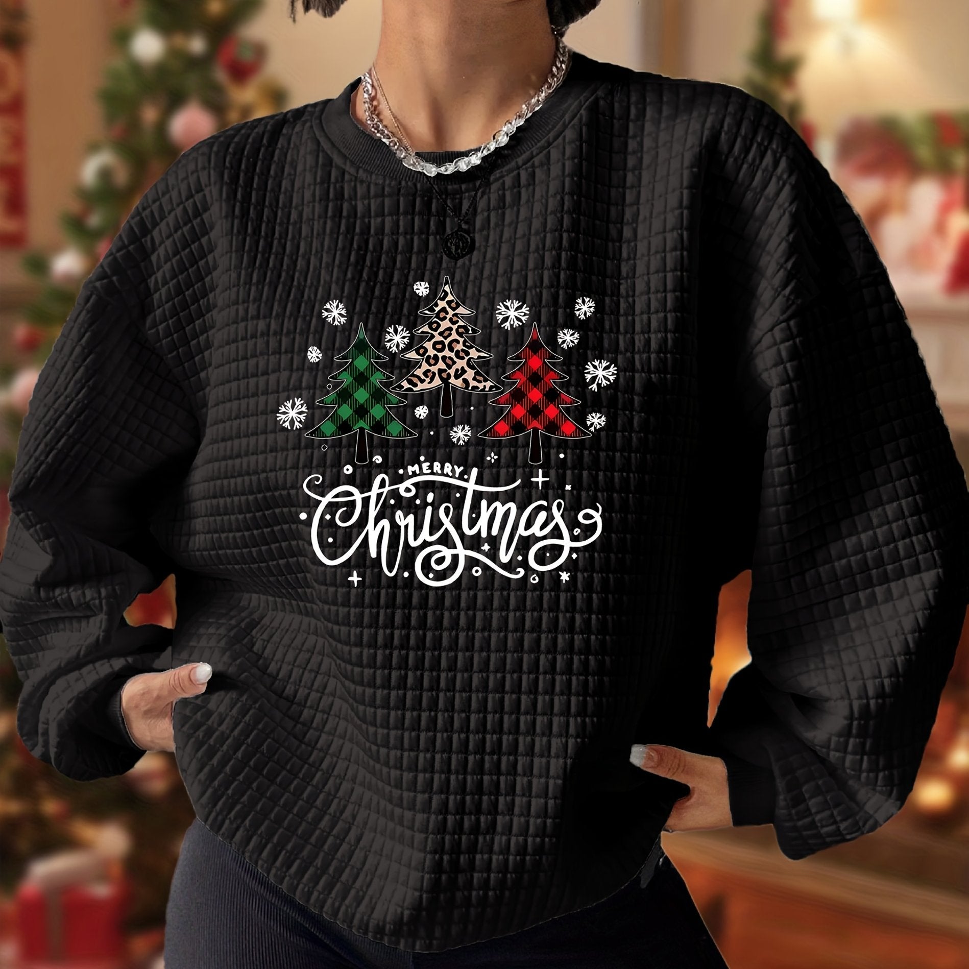 New Christmas Tree Printed Quilted Jacquard Round Neck Sweatshirt - veyora