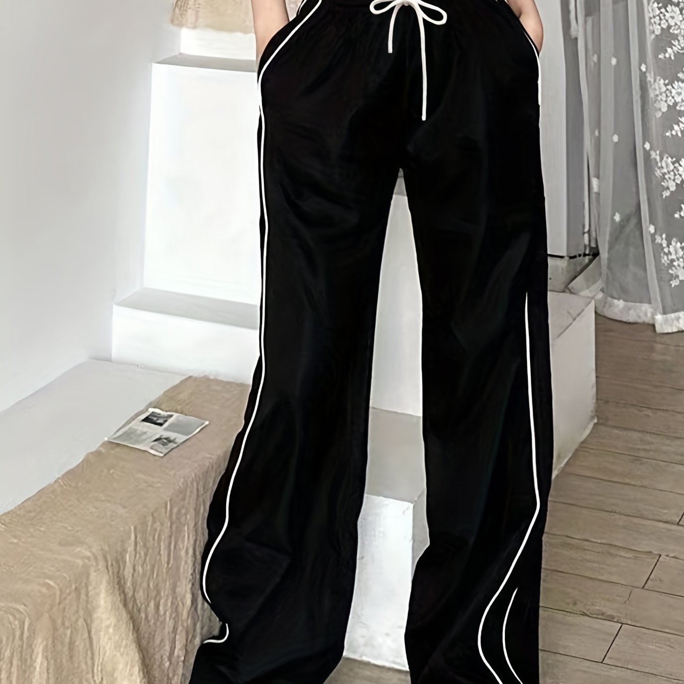 Contrast Binding Drawstring Waist Pants, Y2K Slant Pocket Baggy Pants, Women's Clothing - veyora