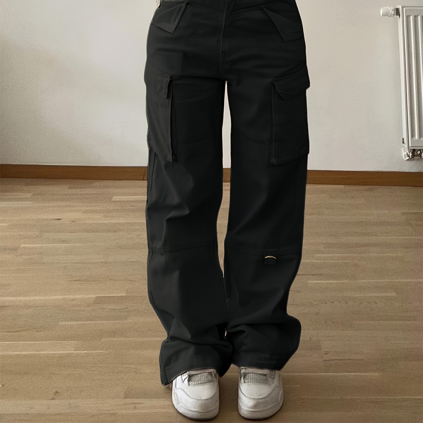 Designer Cargo Pants with Flap Pockets, Women's Elegant Casual K2Y Solid Color Trousers, Women's Pants - veyora