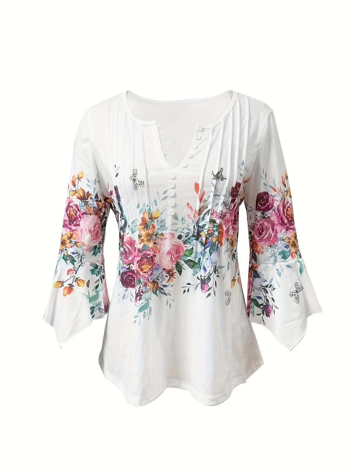 Floral Print Notched Neck Blouse, Casual Button Front Blouse For Spring & Summer, Women's Clothing - veyora