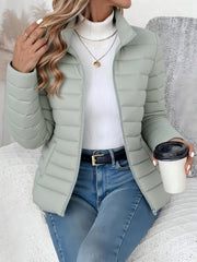 Women's Spring Slim - Fit Lightweight Warm Solid Color Jacket - Elegant Fashion Versatile Beautiful Coat - Stand Collar Zipper Long Sleeve - Casual Padded Polyester Short Coat - Winter Clothing - veyora
