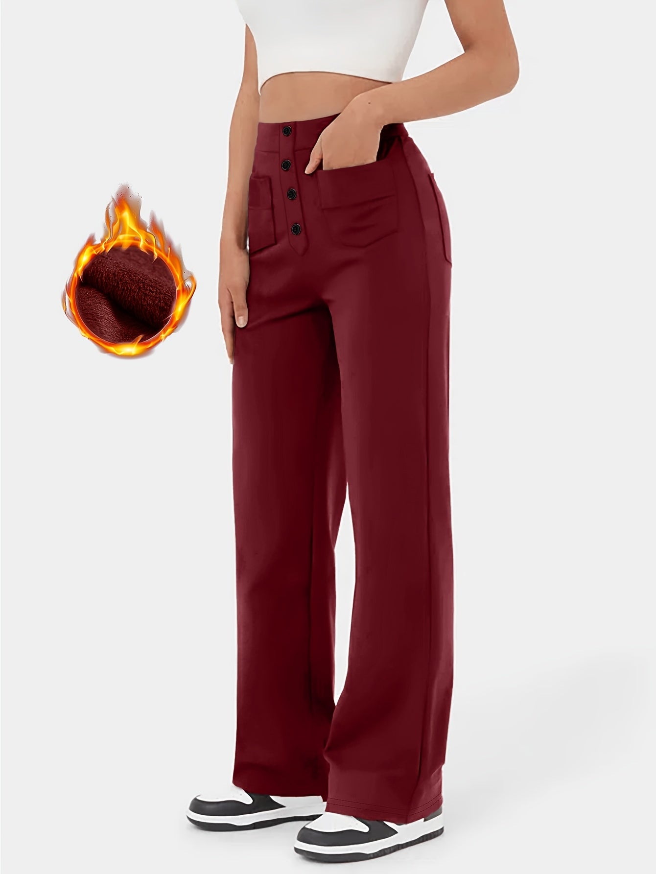 High - Waisted Solid Color Buttoned Straight - Leg Pants for Women'S And Leisure with Multiple Pockets - veyora