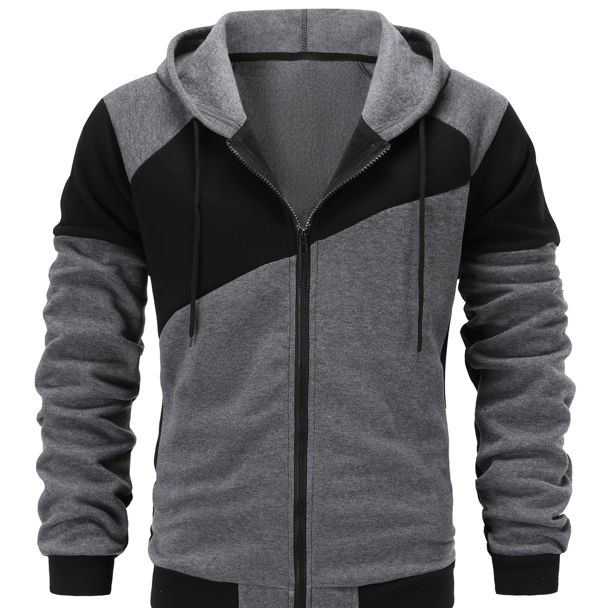 Double Layer Drawstring Hooded Jacket, Men's Casual Color Block Stand Collar Zip Up Jacket Coat For Fall Winter Outdoor Hiking Climbing Camping Cycling - veyora