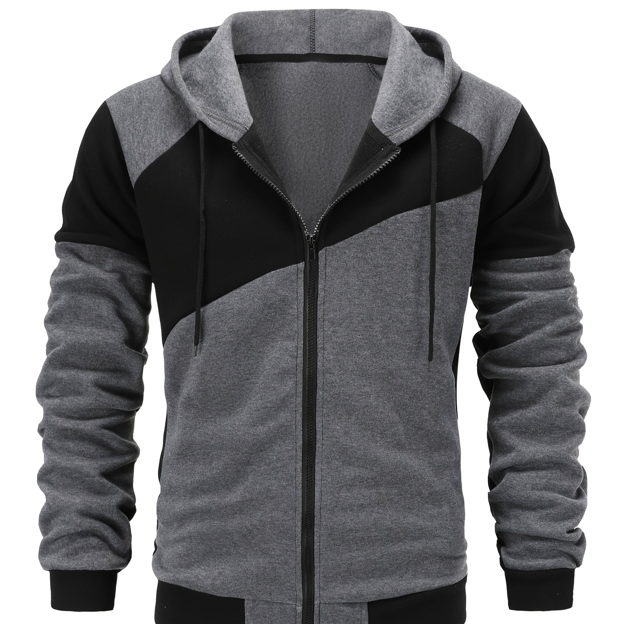 Double Layer Drawstring Hooded Jacket, Men's Casual Color Block Stand Collar Zip Up Jacket Coat For Fall Winter Outdoor Hiking Climbing Camping Cycling - veyora